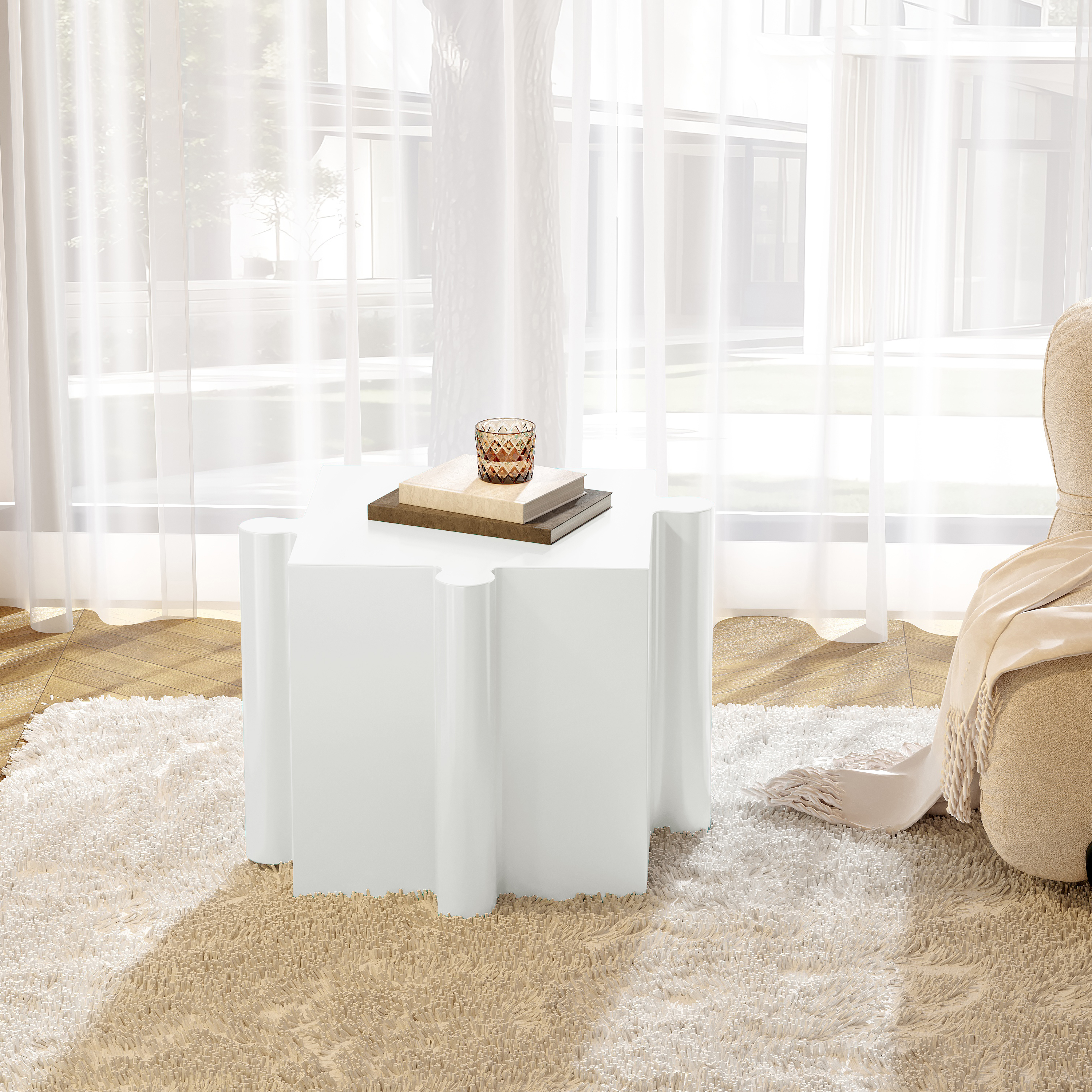 3-Piece Artistic Puzzle Table Set,Modular MGO Side Tables With Interlocking Design 2 Convex & 1 Concave , 200lb Capacity For Indoor & Outdoor,White & Black Color_voghion.com