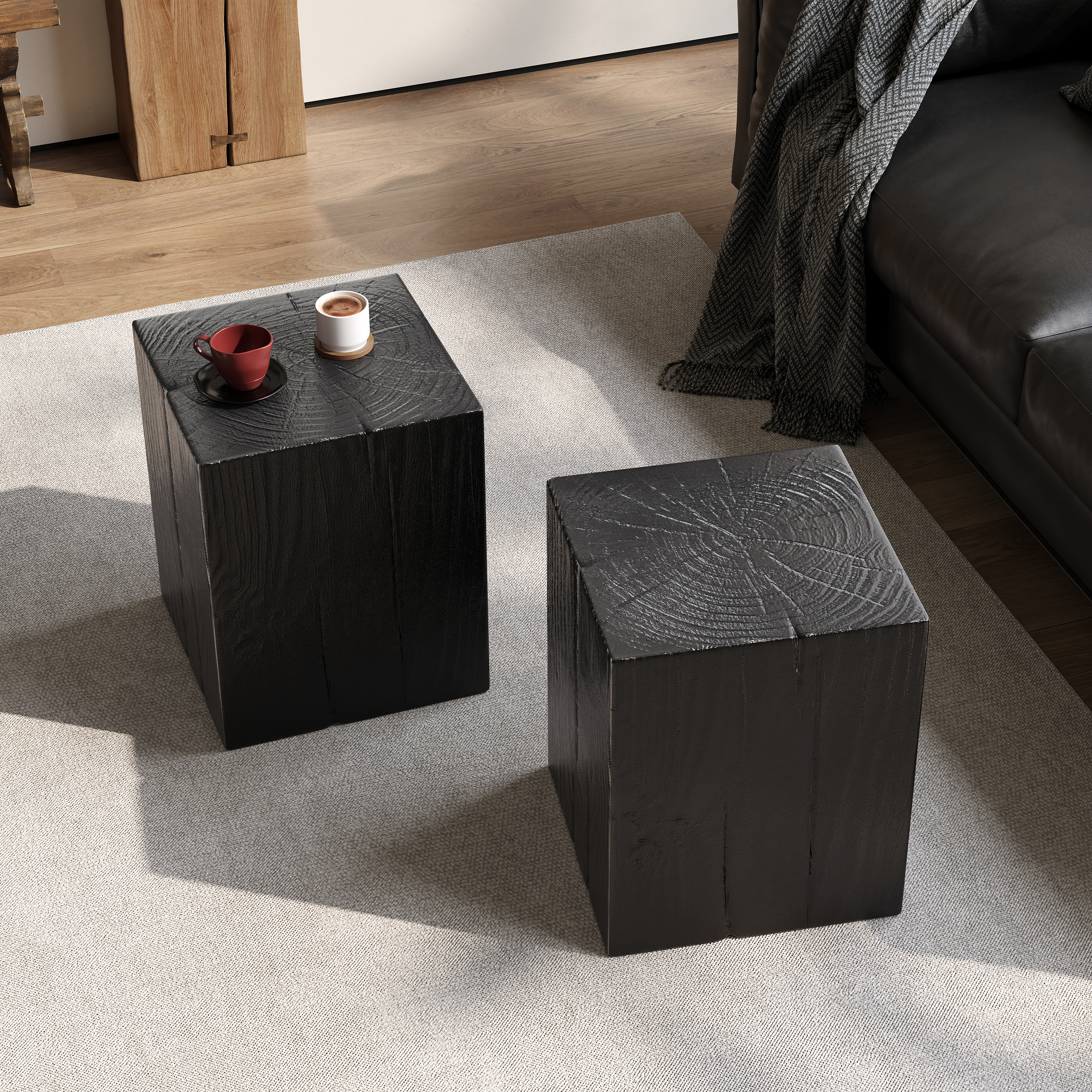 Wood-Look Square-Column MGO End Table, H18 ,Wood-Like Distressed Finish, Mix With Different Heights, Indoor Outdoor Use,Black Color