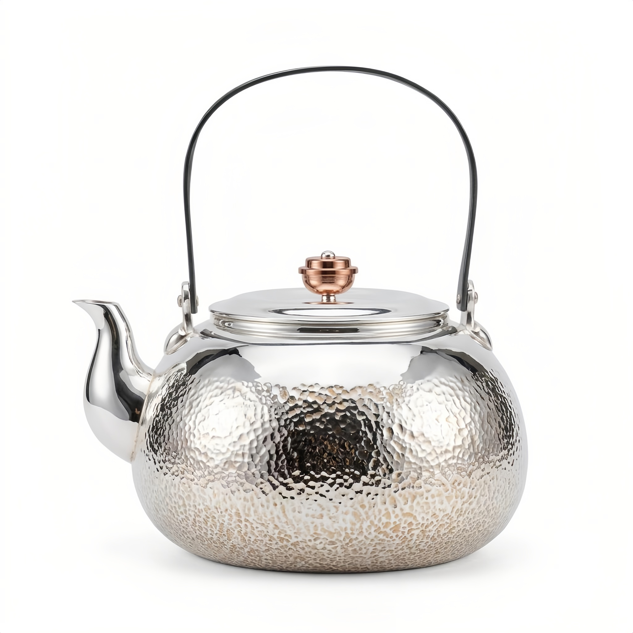 Pure 999 Fine Silver Elegant Hammered Silver Teapot with Rose-Toned Finial and Arched Black Handle - Handicraft