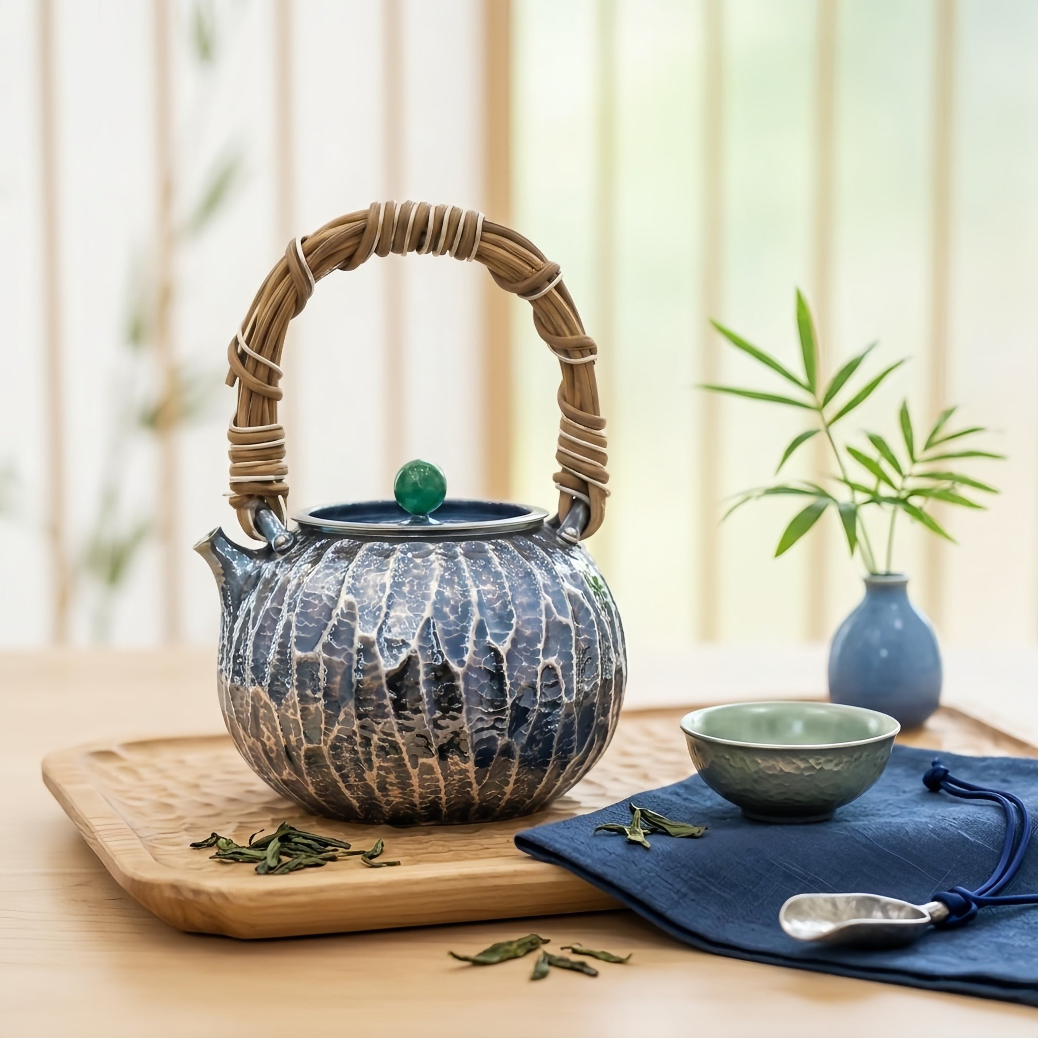 Pure 999 Fine Silver Exquisite Silver and Blue Hammered Teapot Featuring a Woven Natural Handle and Emerald Green Finial - Handicraft