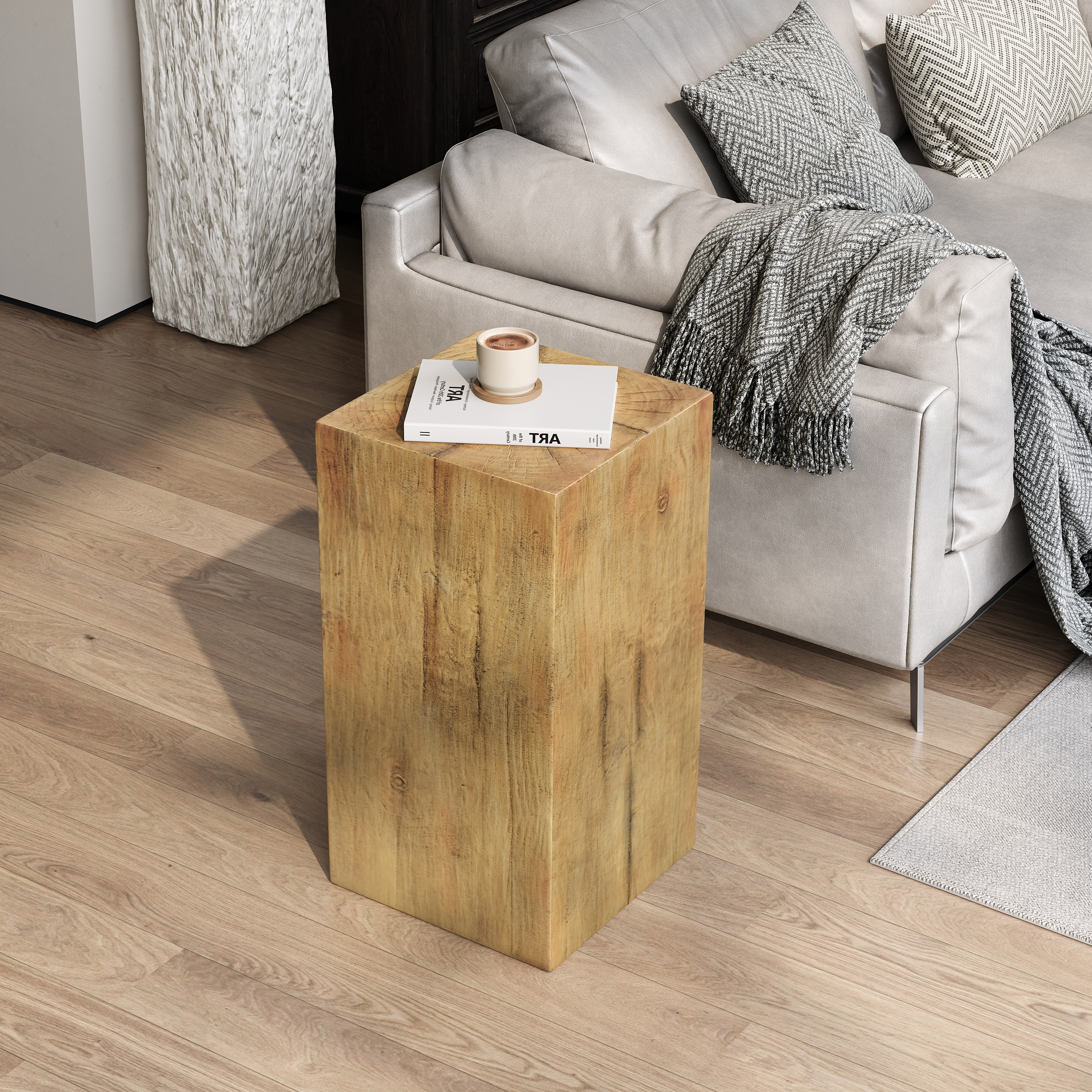 Wood-Look Square-Column MGO End Table,  H27.75 ,Wood-Like Distressed Finish, Mix With Different Heights, Indoor Outdoor Use,Natural Color