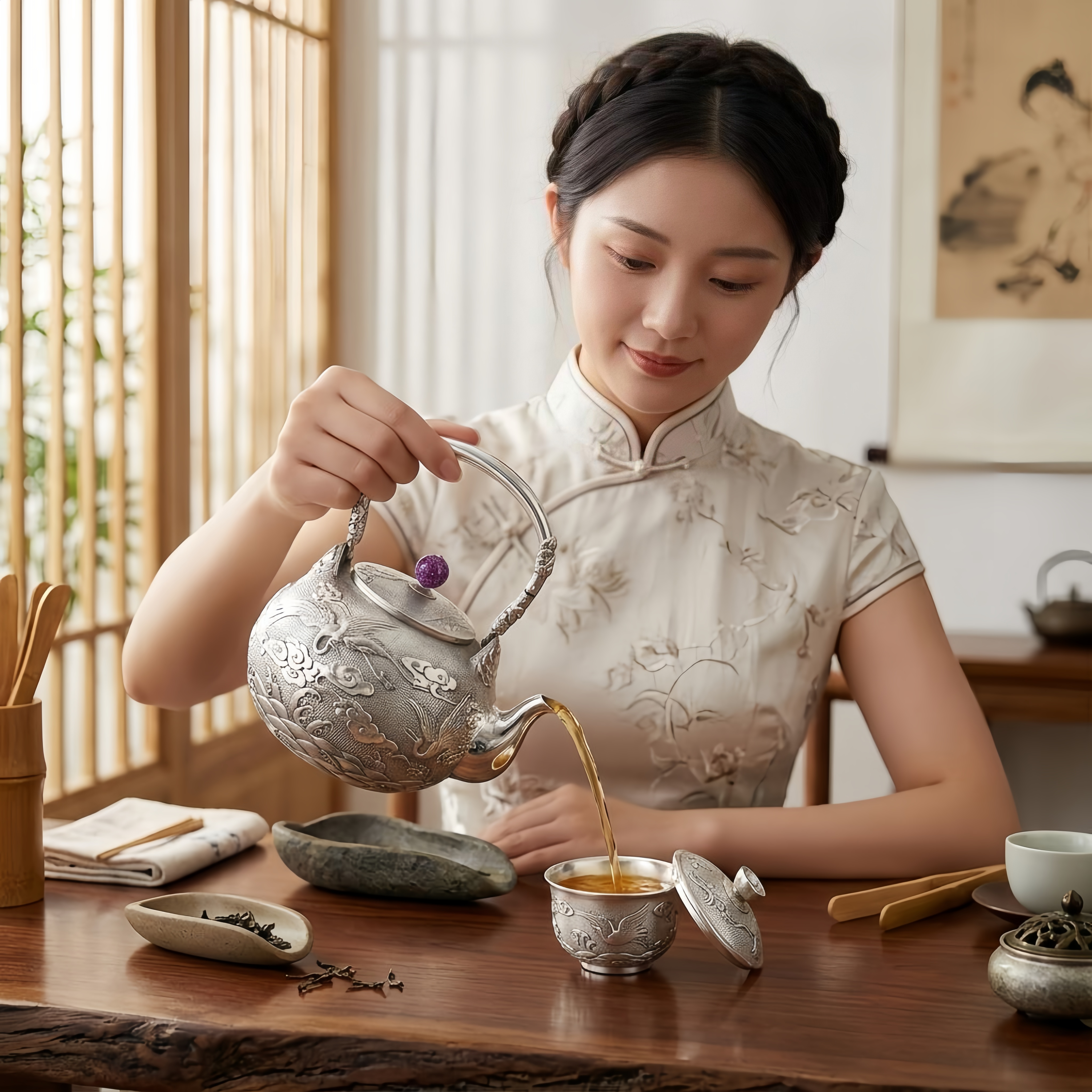 Pure 999 Fine Silver Antique  Teapot with Intricate Crane and Cloud Motifs-Fine large teapot - Handicraft