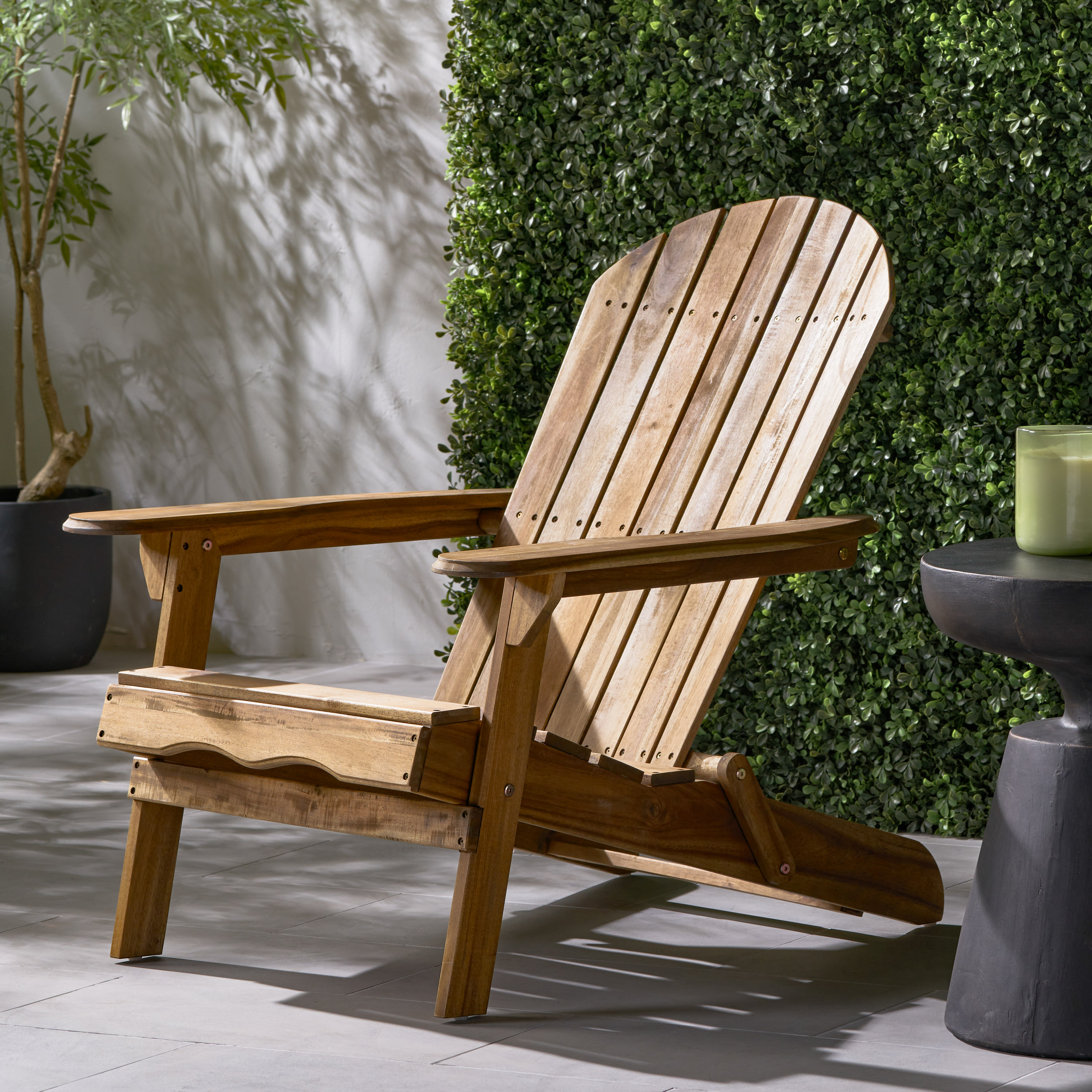Folding Adirondack Chair Outdoor Wooden Accent Furniture Fire Pit Lounge Chairs,Foldable Design For Patio & Garden Relaxation With Slatted Back & Wide Armrests- Teak Finis