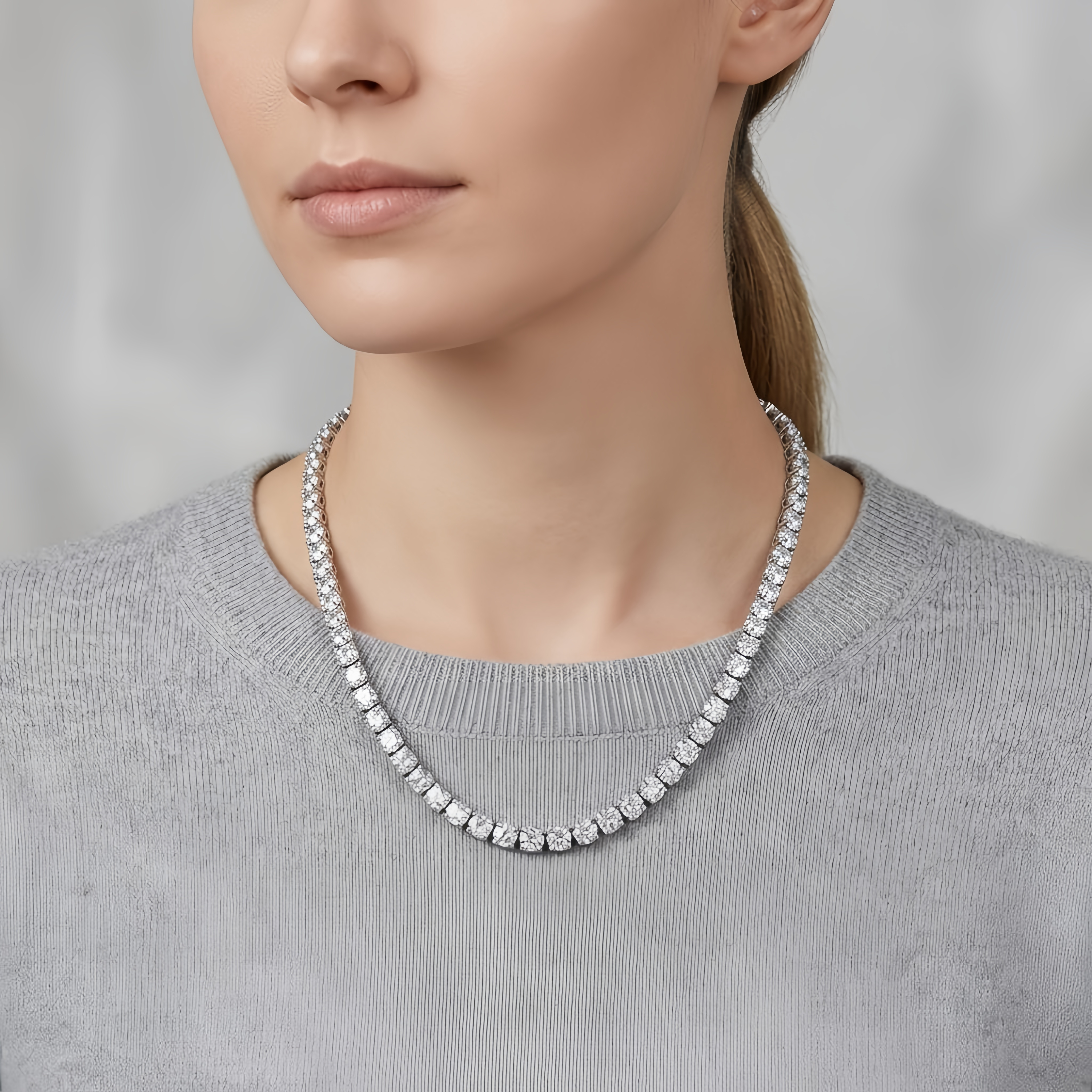 925 Sterling Silver Elegant Multi-Row CZ Necklace Sparkling White Gold Chain