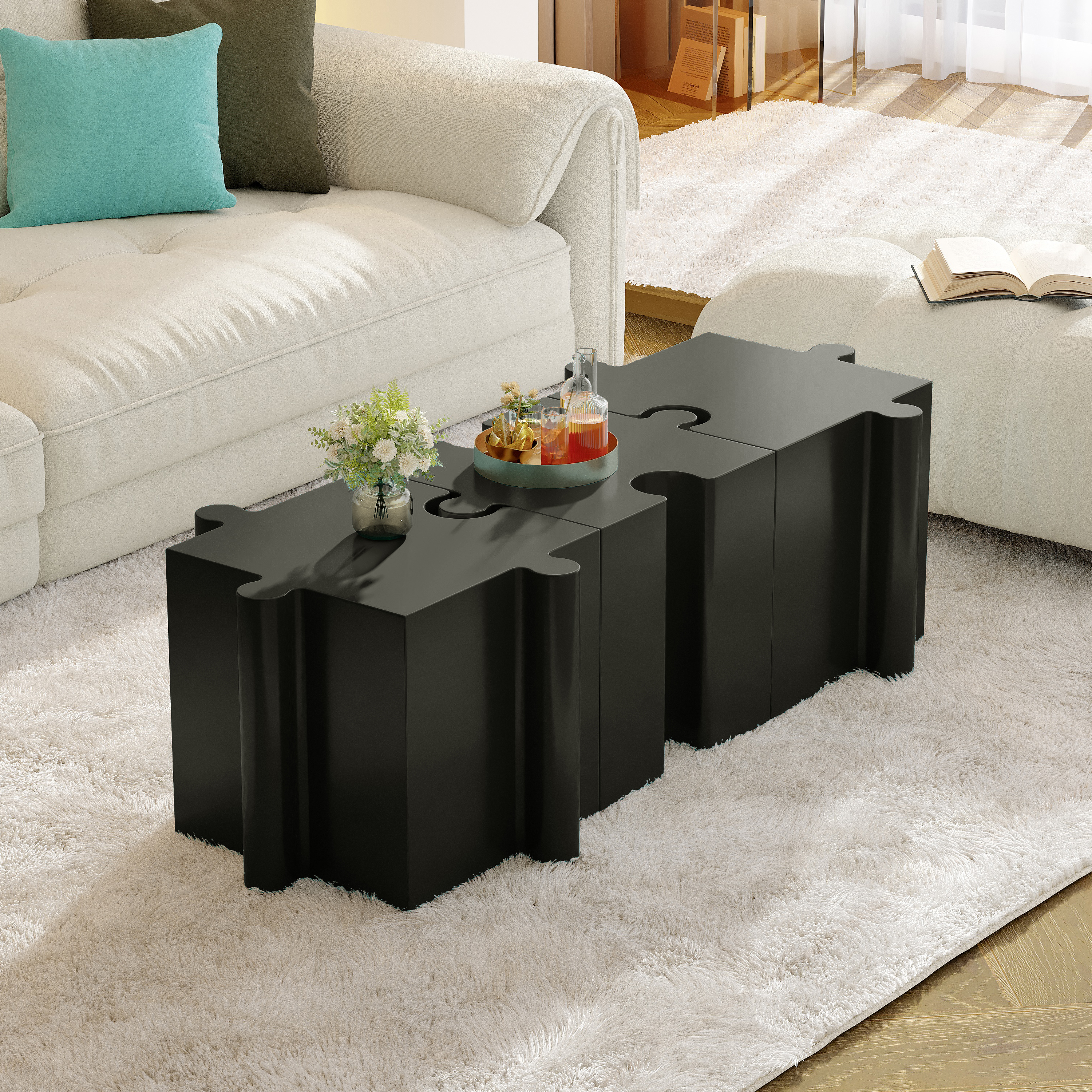Puzzle Art Side Table, Modular Concave Edge MGO Table - Buy Singles Or Combine For Custom Layouts, Indoor & Outdoor,Black Color_voghion.com