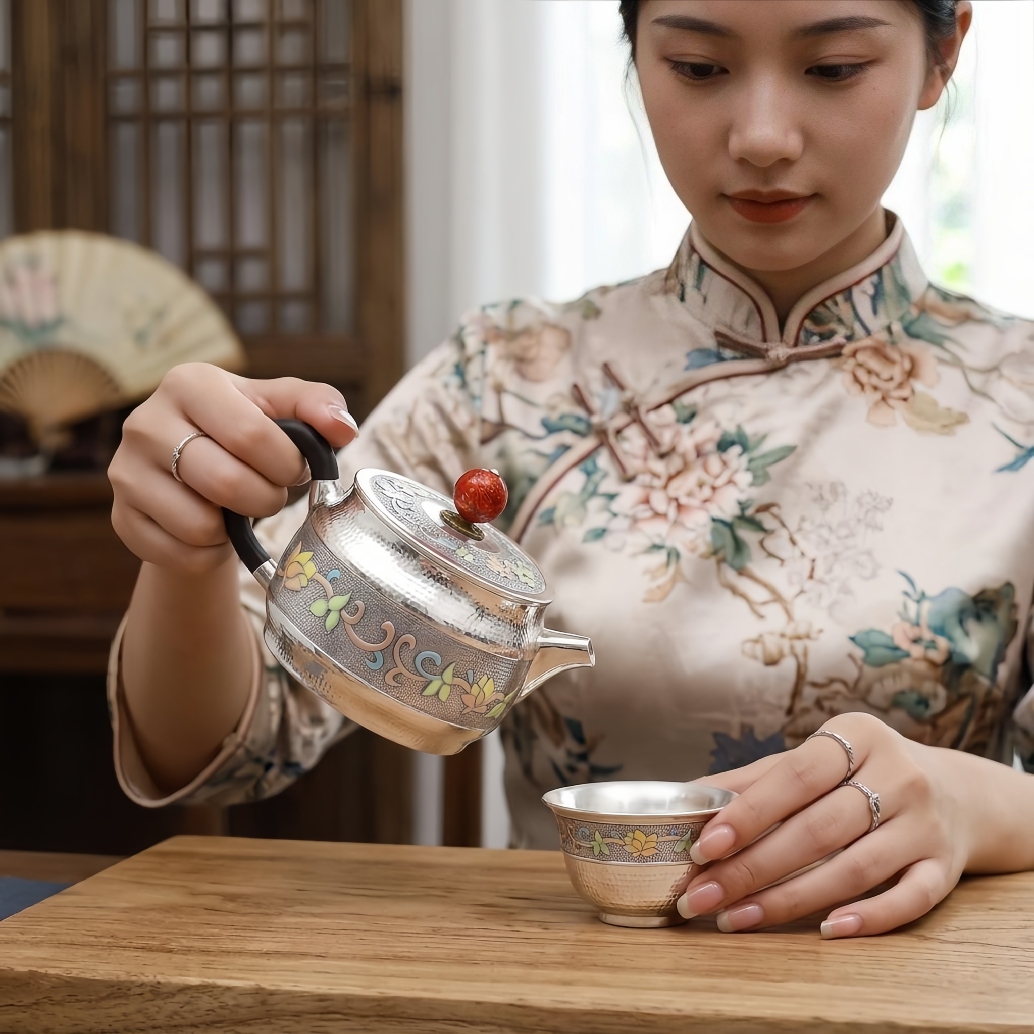 Pure 999 Fine Silver Elegant Handcrafted Silver Teapot with Colorful Enamel Floral Band and Red Finial - Handicraft