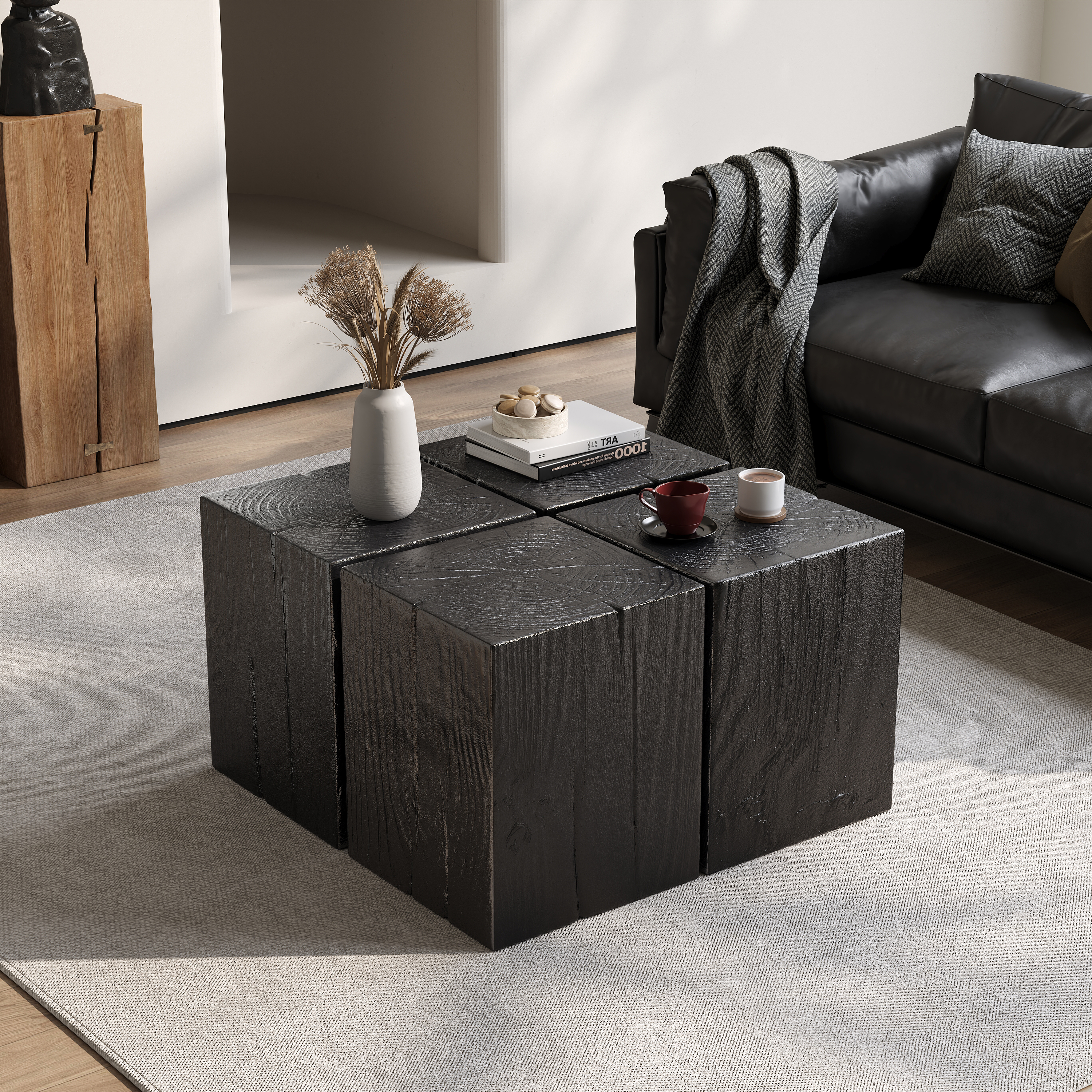 Wood-Look Square-Column MGO End Table, H18 ,Wood-Like Distressed Finish, Mix With Different Heights, Indoor Outdoor Use,Black Color