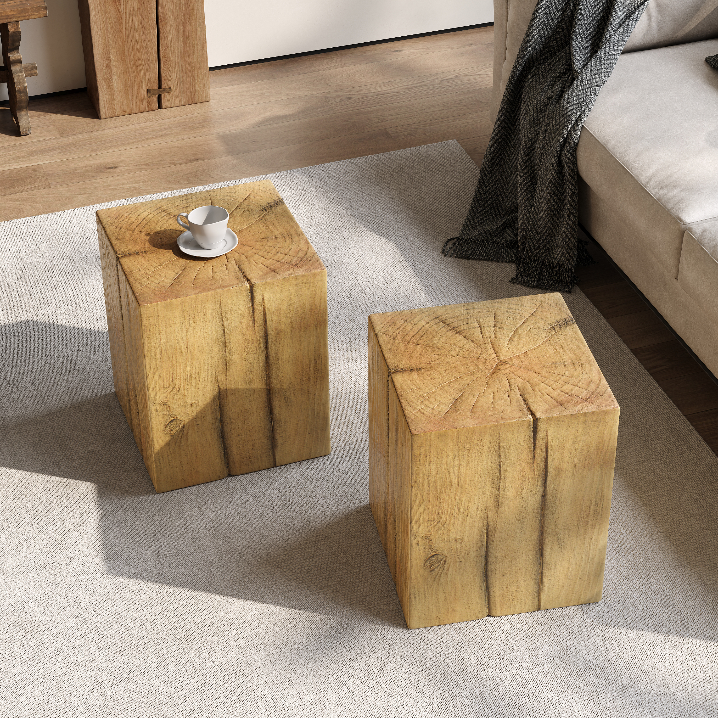 Wood-Look Square-Column MGO End Table, H18 ,Wood-Like Distressed Finish, Mix With Different Heights, Indoor Outdoor Use,Natural Color