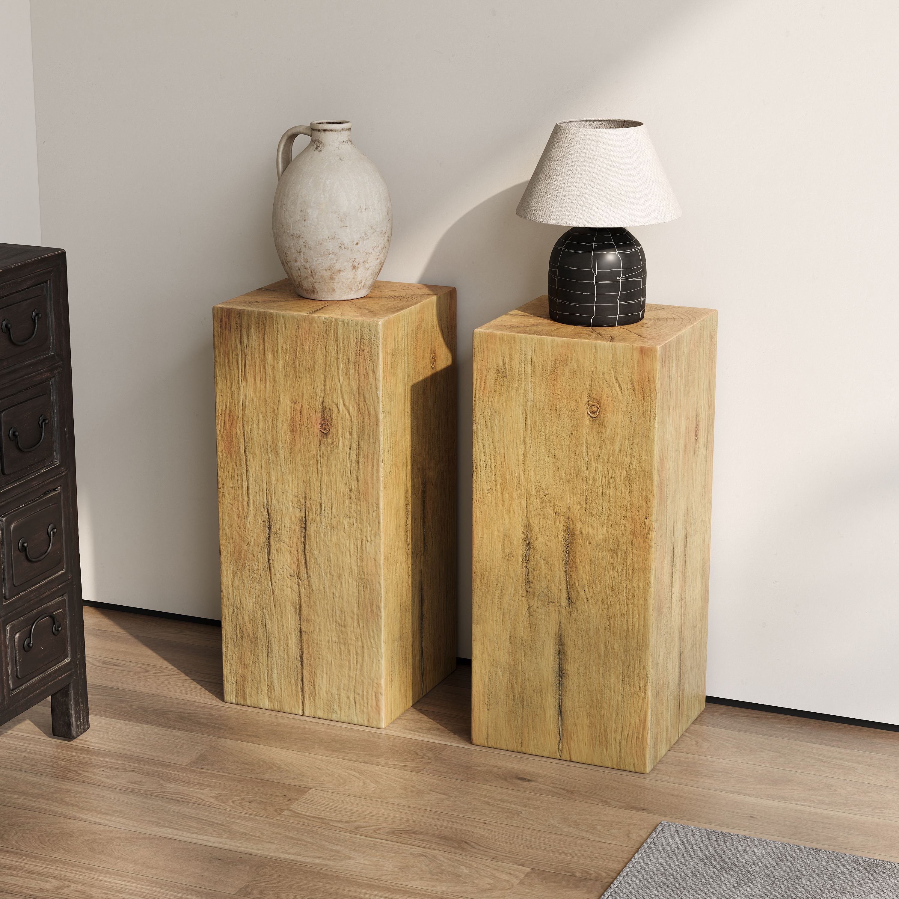 Wood-Look Square-Column MGO End Table,  H33.75 ,Wood-Like Distressed Finish, Mix With Different Heights, Indoor Outdoor Use,Natural Color