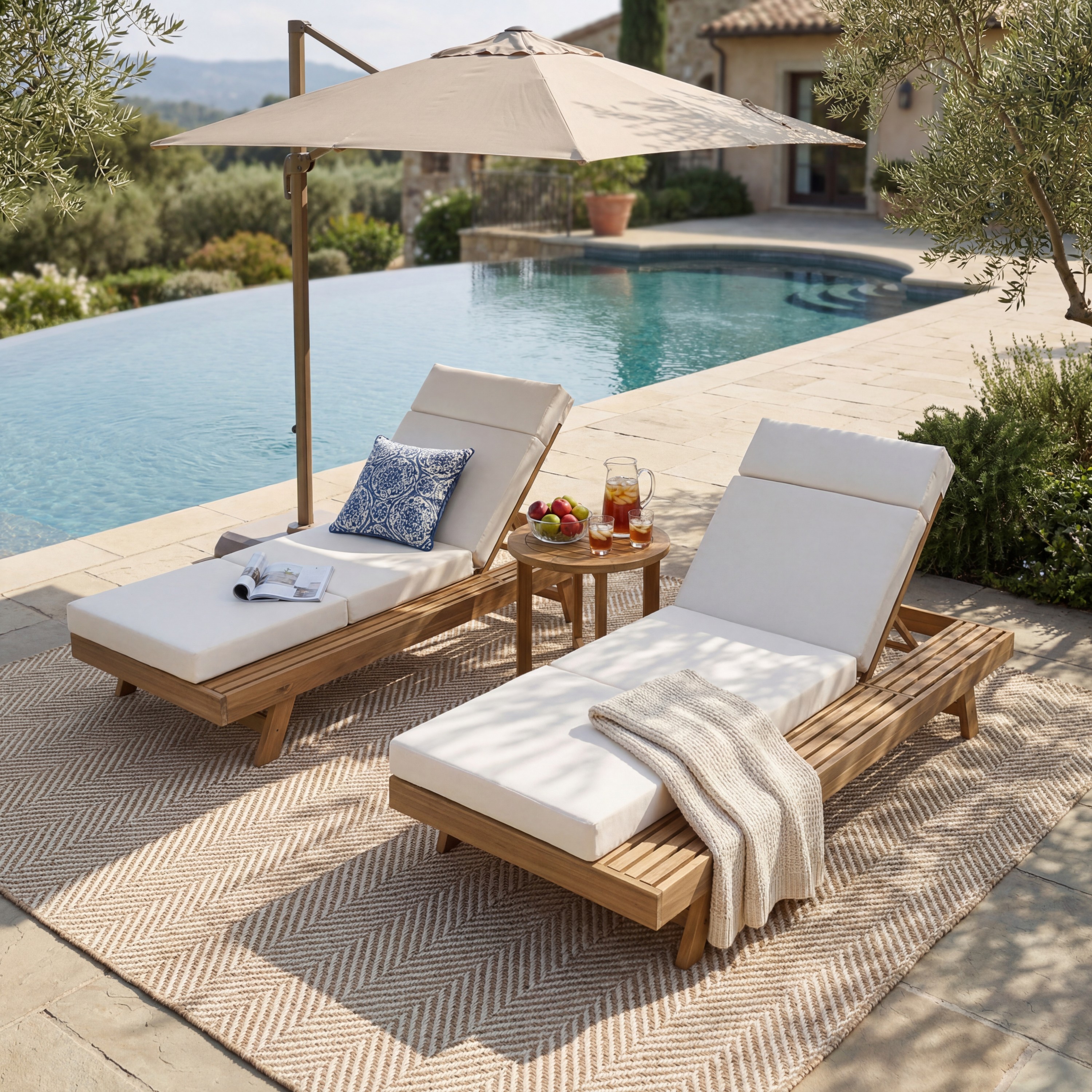 Lounge Chaise Set With Headrest, Space Available On One Side, Acacia Wood In Light Brown With Water-Resistant Lounge Cushions  Cream & 3-Fold & 4 Inch  -Matching Dark Grey Beige Version Available