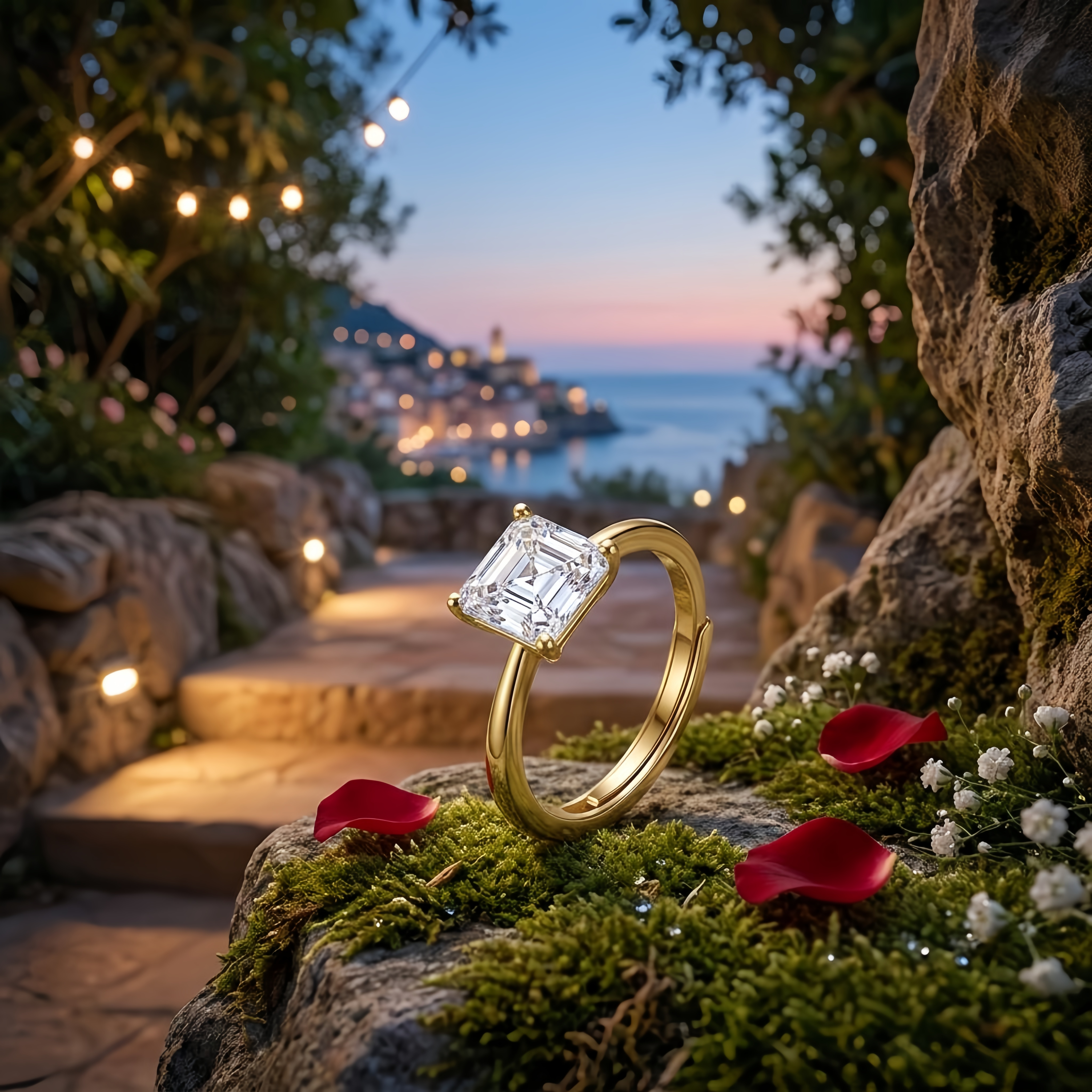 925 Sterling Silver Elegant Gold-Plated  Ring with Asscher-Cut CZ Centerpiece