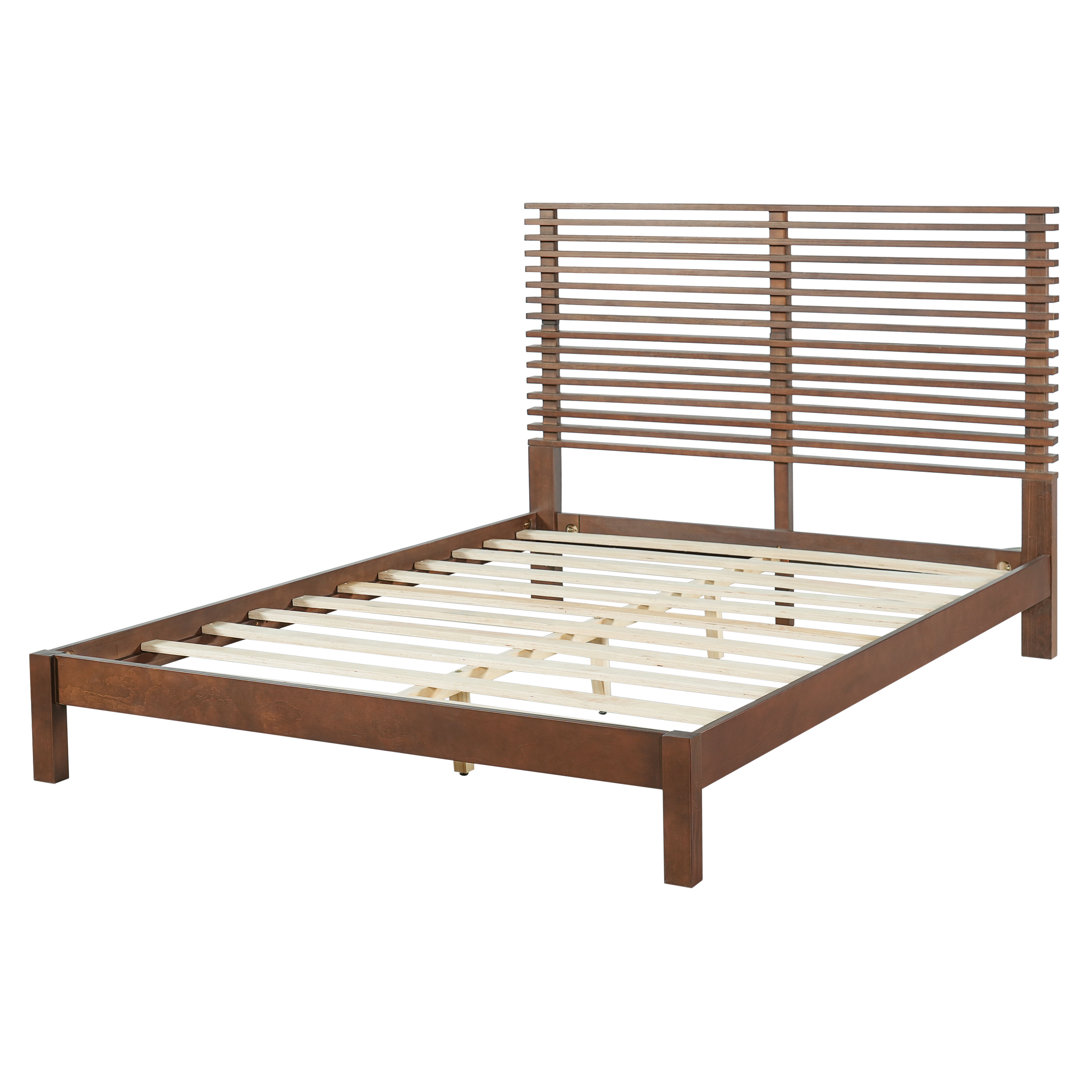 Premium Solid Wood Queen Size Platform Bed Frame With Horizontal Slat Headboard, Modern Walnut Wood Bedroom Furniture, 600 Lbs Weight Capacity,No Box Spring Needed, Fits All Mattresses