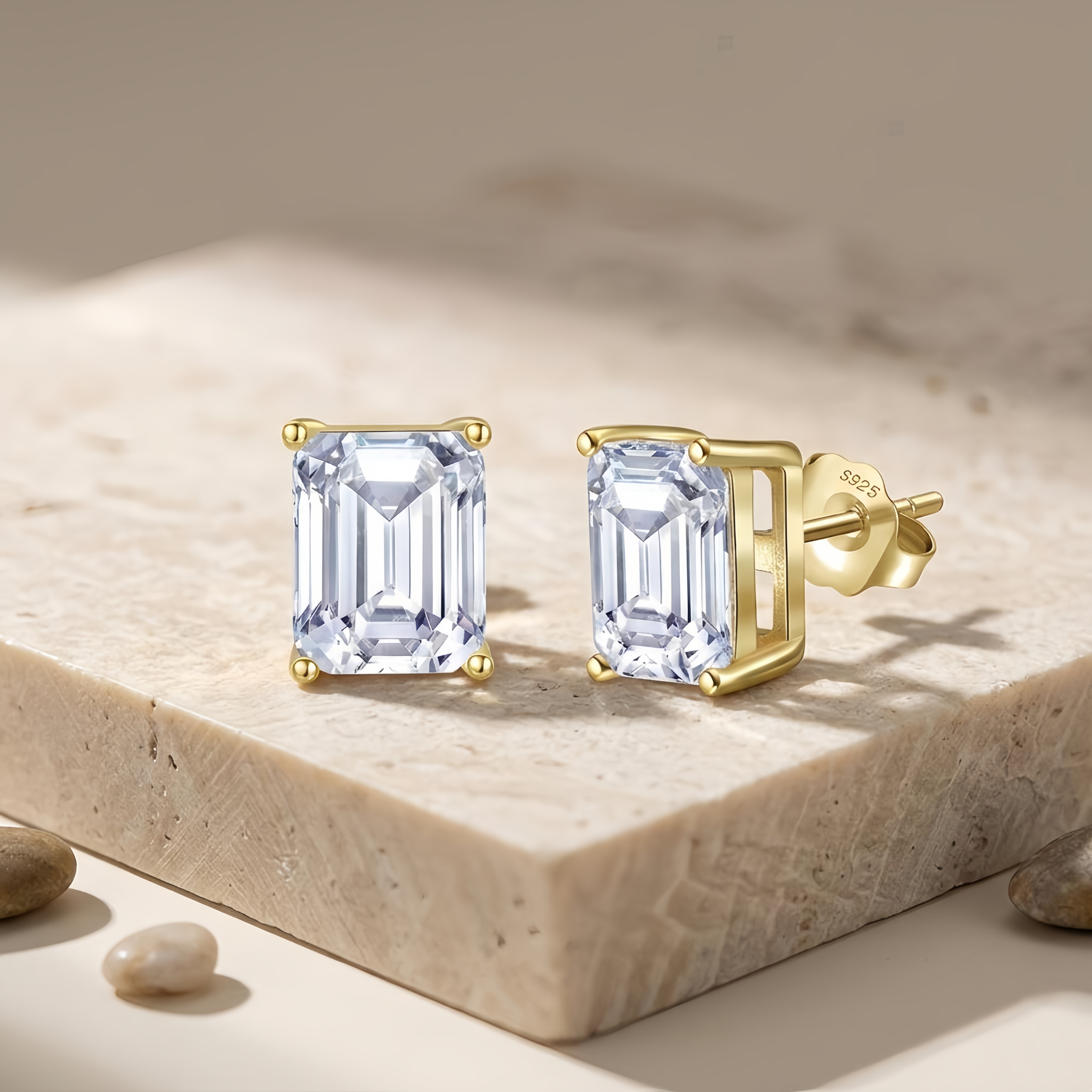 925 Sterling Silver Elegant Emerald Cut CZ Stud Earrings in Gold-Plated Sterling 
