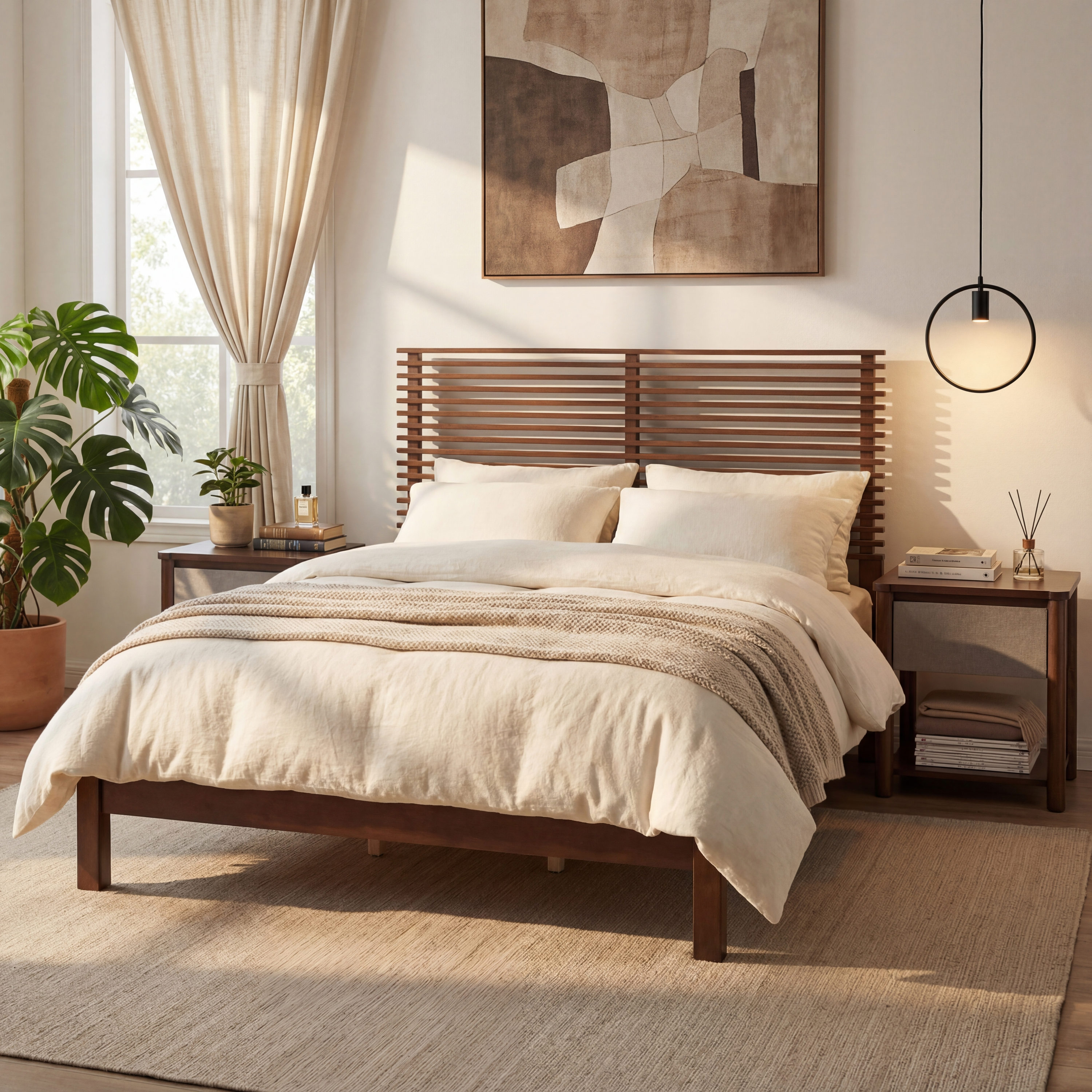 Premium Solid Wood King Size Bed Frame With Headboard, -Walnut Color, 600lbs Capacity, For Modern Bedroom,No Box Spring Needed, Fits All Mattresses