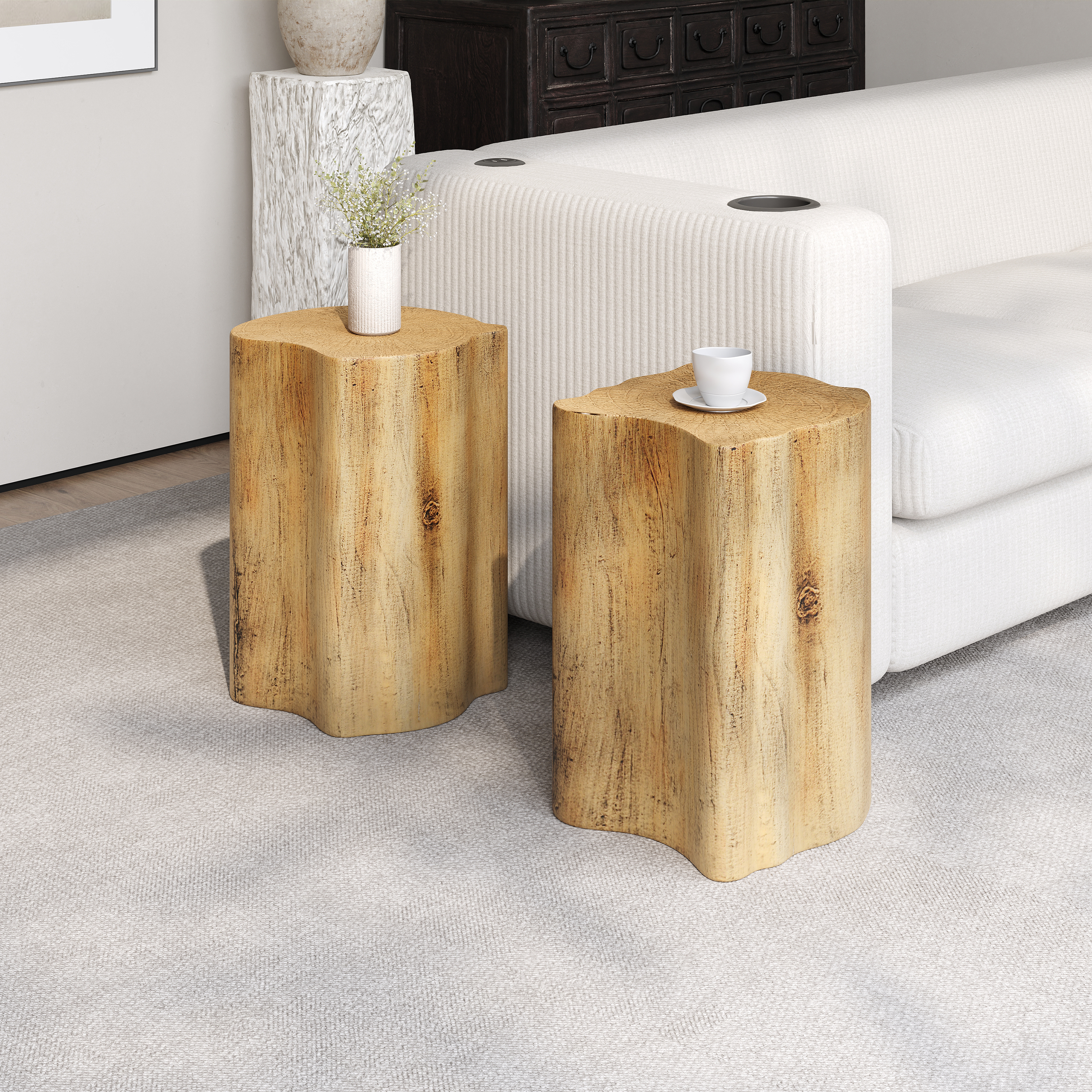 2-in-1 Irregular MGO End Table, Split Design, Small Space Friendly,Indoor Outdoor Use,Natural Color