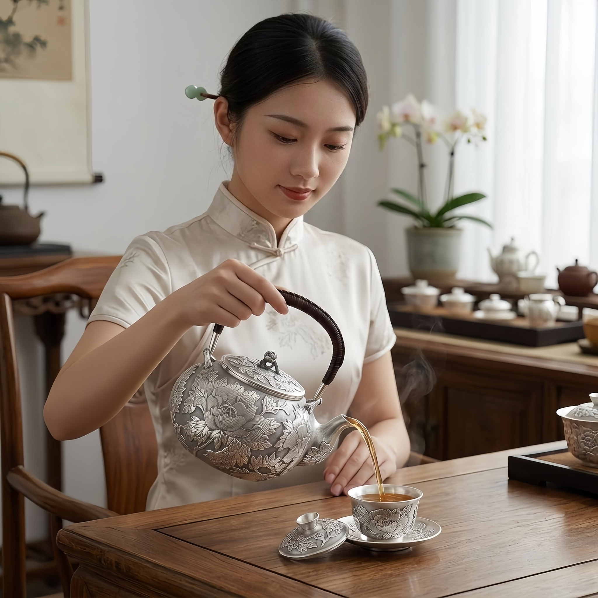 Pure 999 Fine Silver Exquisite Silver-Toned Floral Relief Teapot with Woven Handle and Peony Design - Handicraft