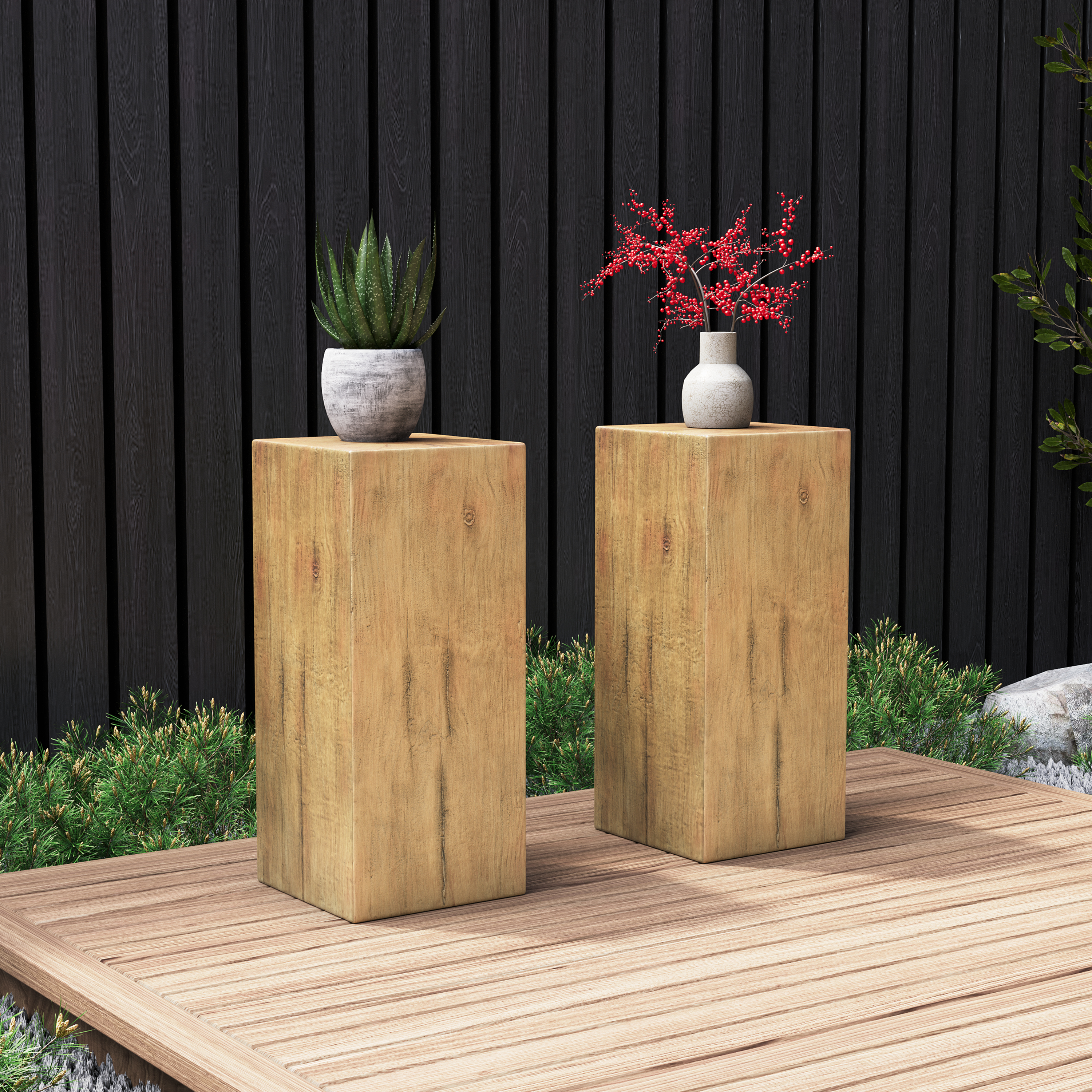 Wood-Look Square-Column MGO End Table,  H33.75 ,Wood-Like Distressed Finish, Mix With Different Heights, Indoor Outdoor Use,Natural Color