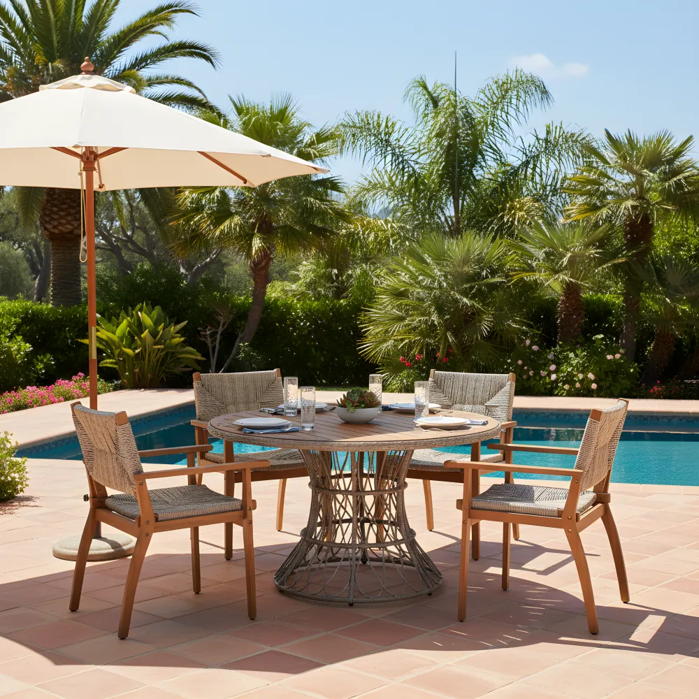 5-Piece Outdoor Dining Set Brown Round Acacia Wood Table & 4 Brown Wicker Armchairs, Patio Garden Furniture