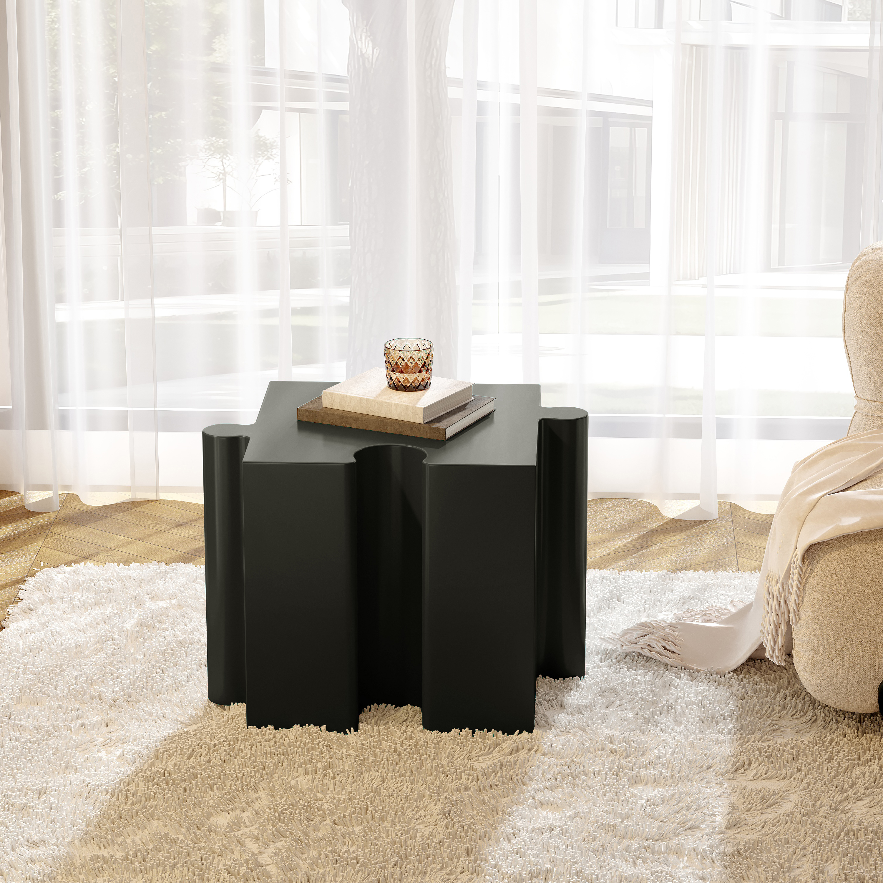 Puzzle Art Side Table, Modular Concave Edge MGO Table - Buy Singles Or Combine For Custom Layouts, Indoor & Outdoor,Black Color_voghion.com