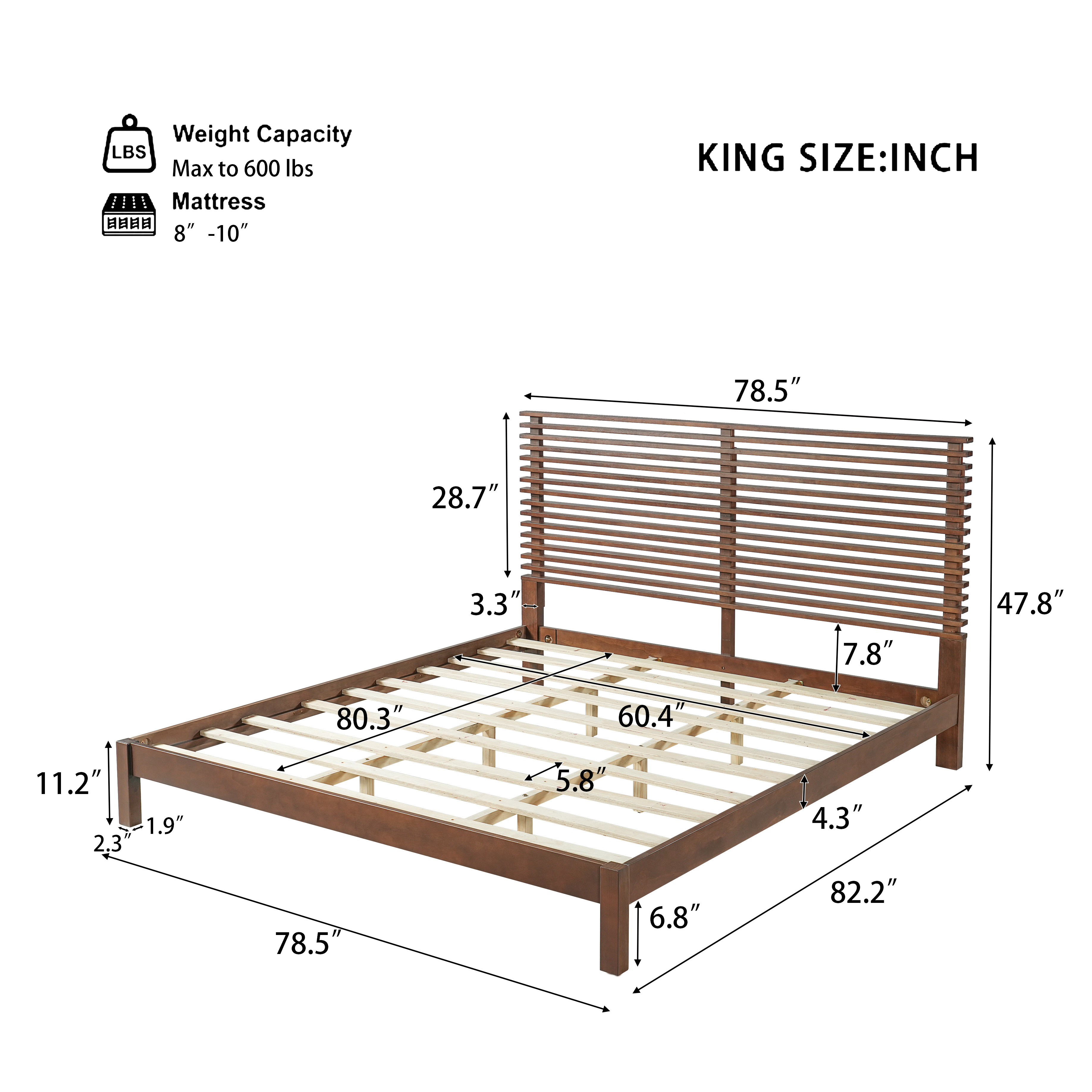 Premium Solid Wood King Size Bed Frame With Headboard, -Walnut Color, 600lbs Capacity, For Modern Bedroom,No Box Spring Needed, Fits All Mattresses