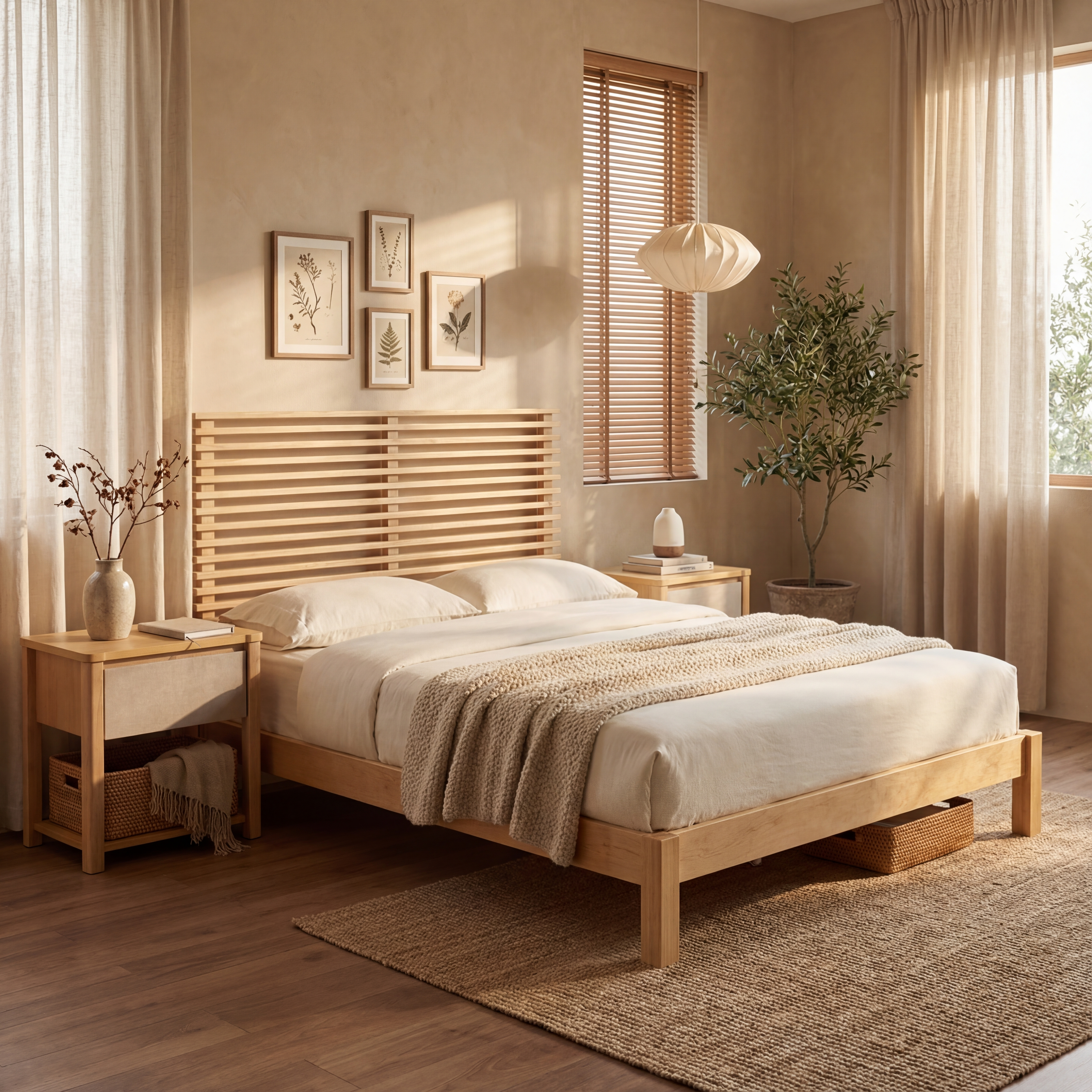 Premium Solid Wood Queen Size Platform Bed Frame With Horizontal Slat Headboard, Modern Natural Wood Bedroom Furniture, 600 Lbs Weight Capacity,No Box Spring Needed, Fits All Mattresses