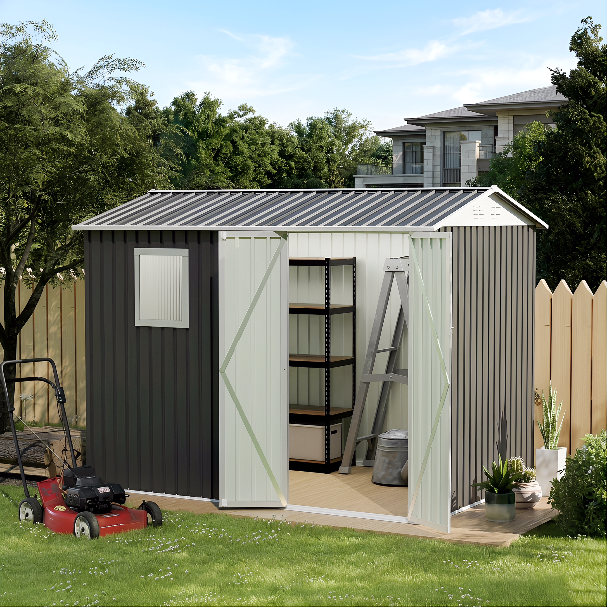 9x6 FT Metal Garden Shed With 1 Windows For Outdoors Patio  Hinge Doors Storage Sheds