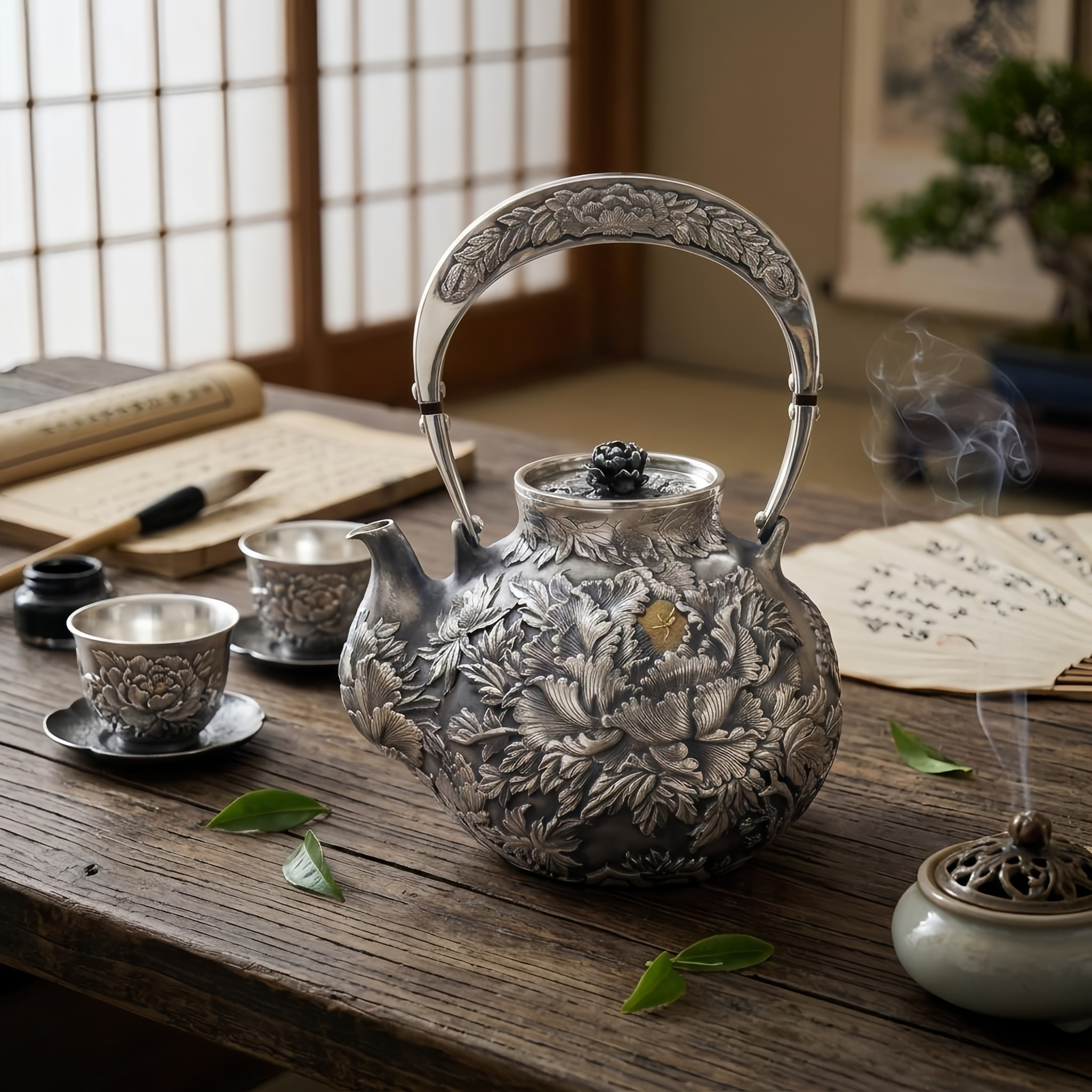 Pure 999 Fine Silver Exquisite Hand-Crafted Silver Tea Kettle with Ornate Peony Relief and Floral Finial - Handicraft