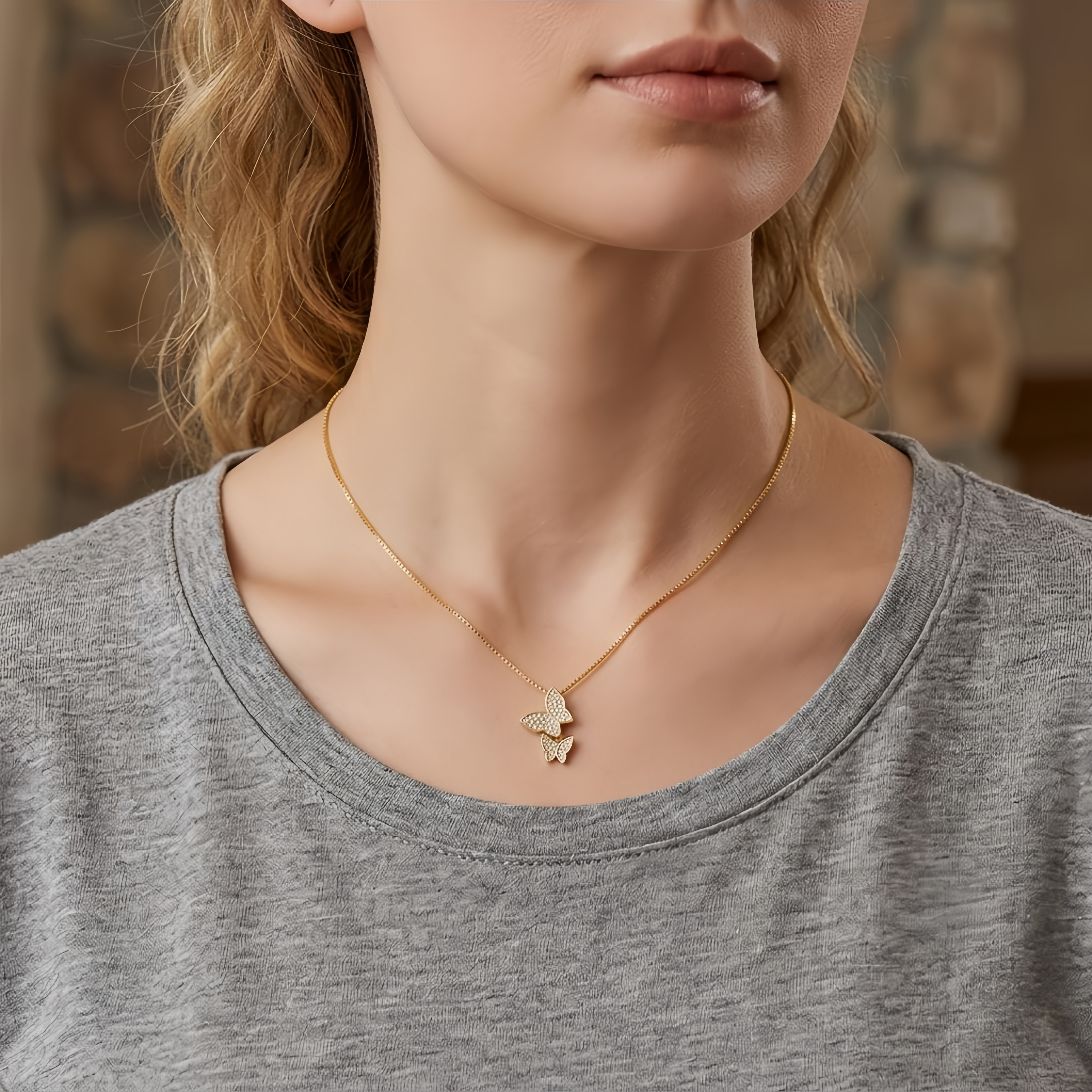 925 Sterling Silver Elegant Double Butterfly CZ Necklace in Gold-Plated  Sterling 