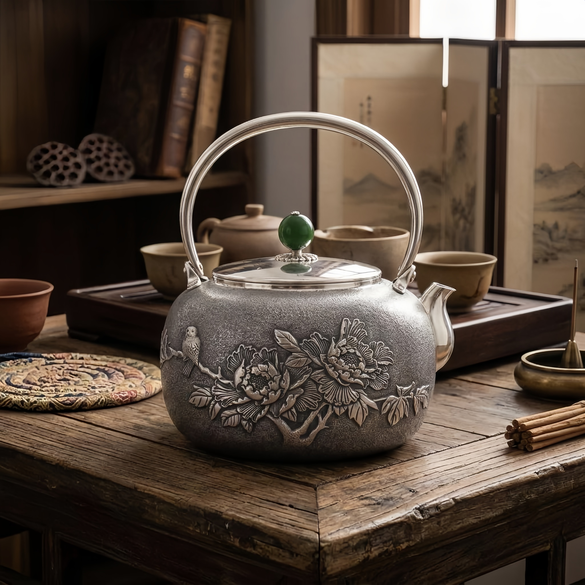 Pure 999 Fine Silver Handcrafted Silver Teapot Featuring Intricate Peony and Bird Relief with a Green Jade Finial - Handicraft