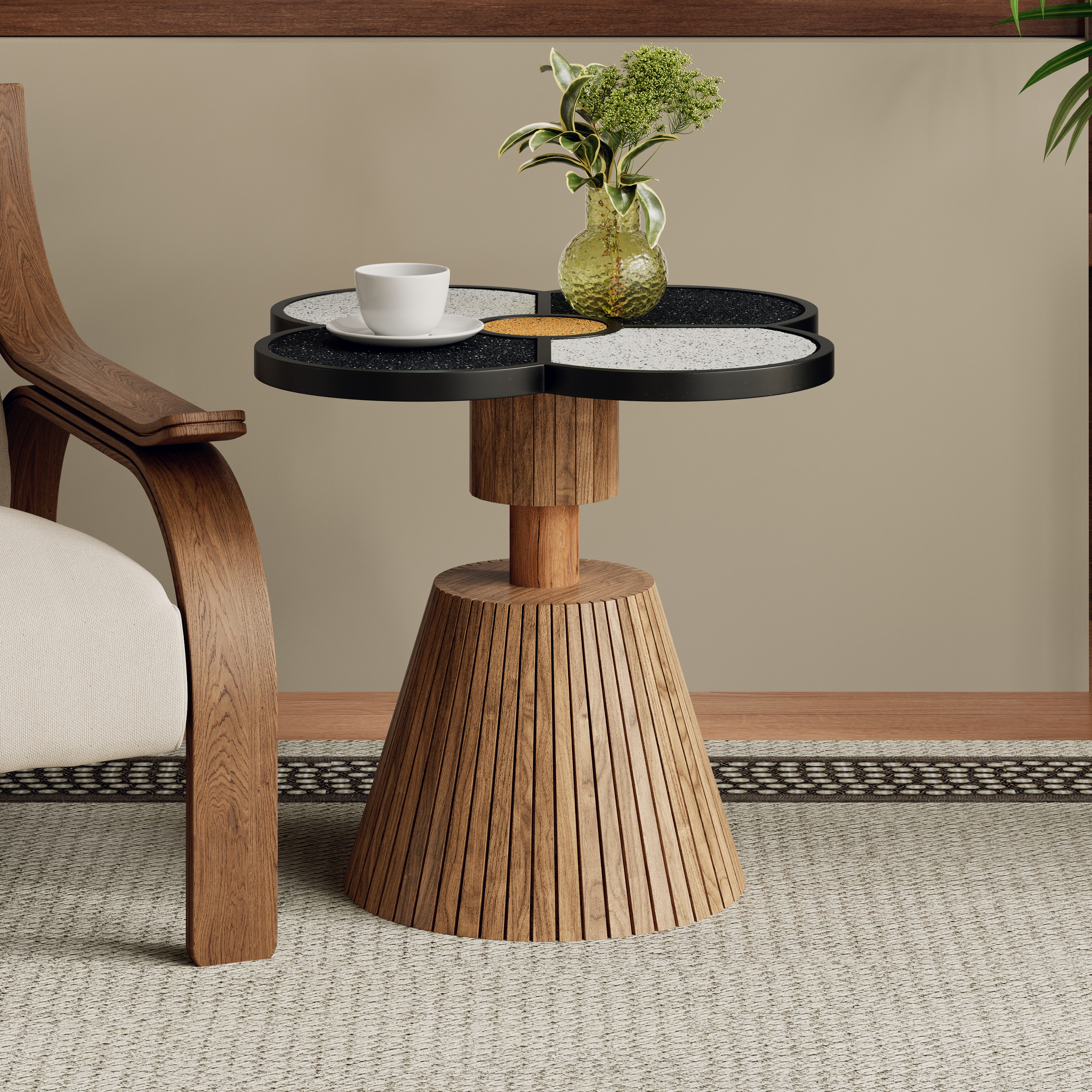 Unique Four Leaf Clover Side Table For Living Room, Bedroom & Small Spaces  Decorative Accent Table With Wood Grain Base