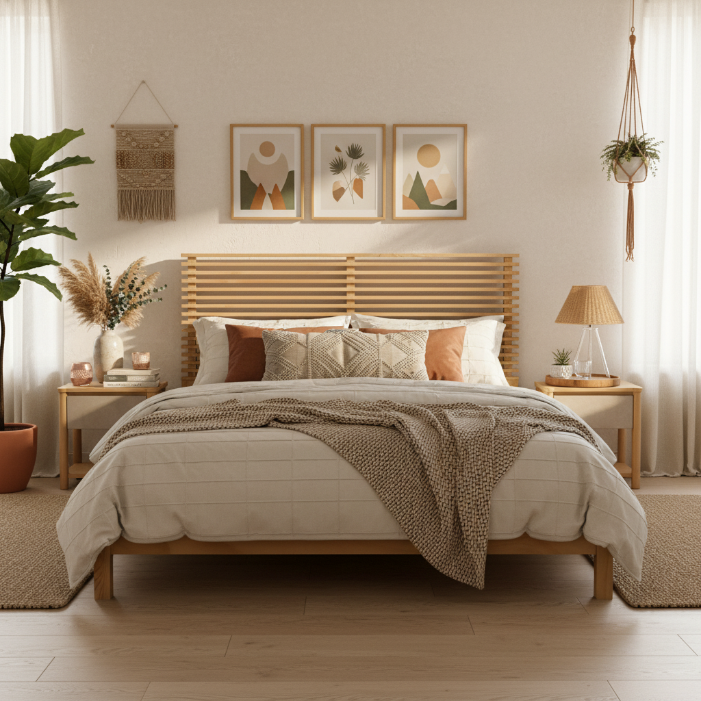 Premium Solid Wood King Size Bed Frame With Headboard,Natural Finish, 600lbs Capacity, For Modern Bedroom,No Box Spring Needed, Fits All Mattresses