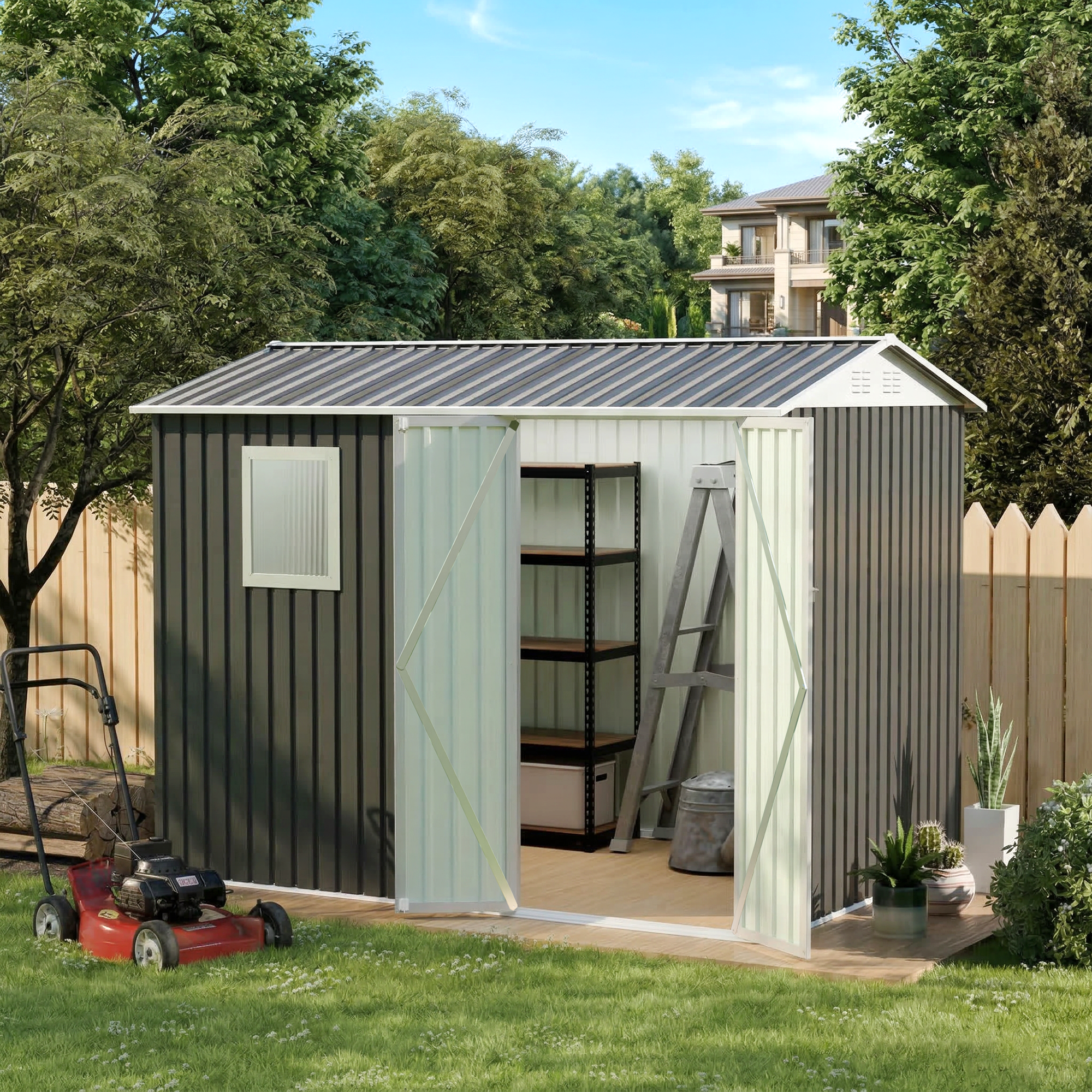 9x6 FT Metal Garden Shed With 1 Windows For Outdoors Patio  Hinge Doors Storage Sheds