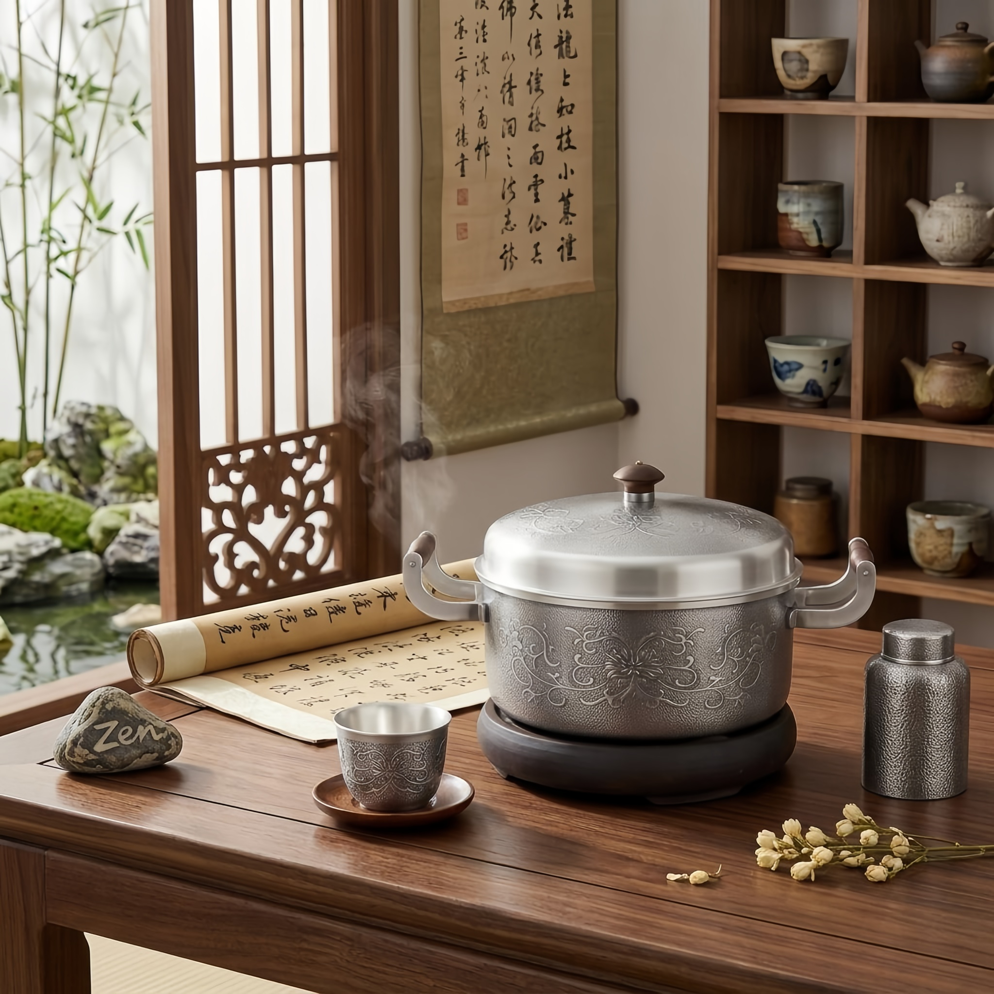 Pure 999 Fine Silver Elegant Floral Engraved Silver Casserole Pot with Wooden Handle Accents - Handicraft
