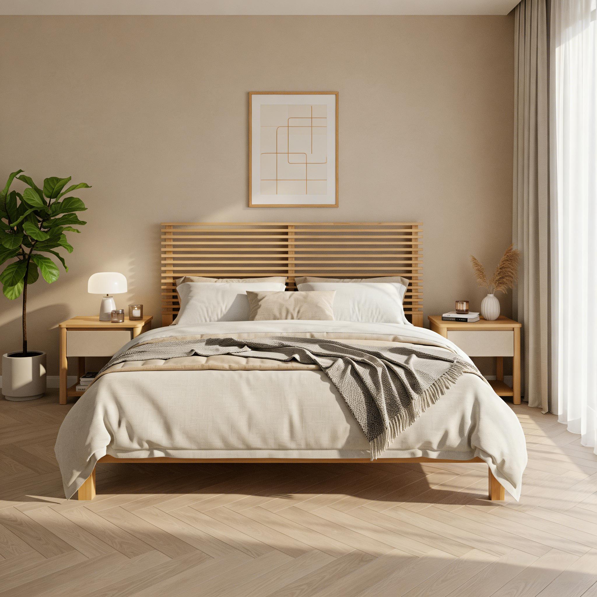 Premium Solid Wood Queen Size Platform Bed Frame With Horizontal Slat Headboard, Modern Natural Wood Bedroom Furniture, 600 Lbs Weight Capacity,No Box Spring Needed, Fits All Mattresses