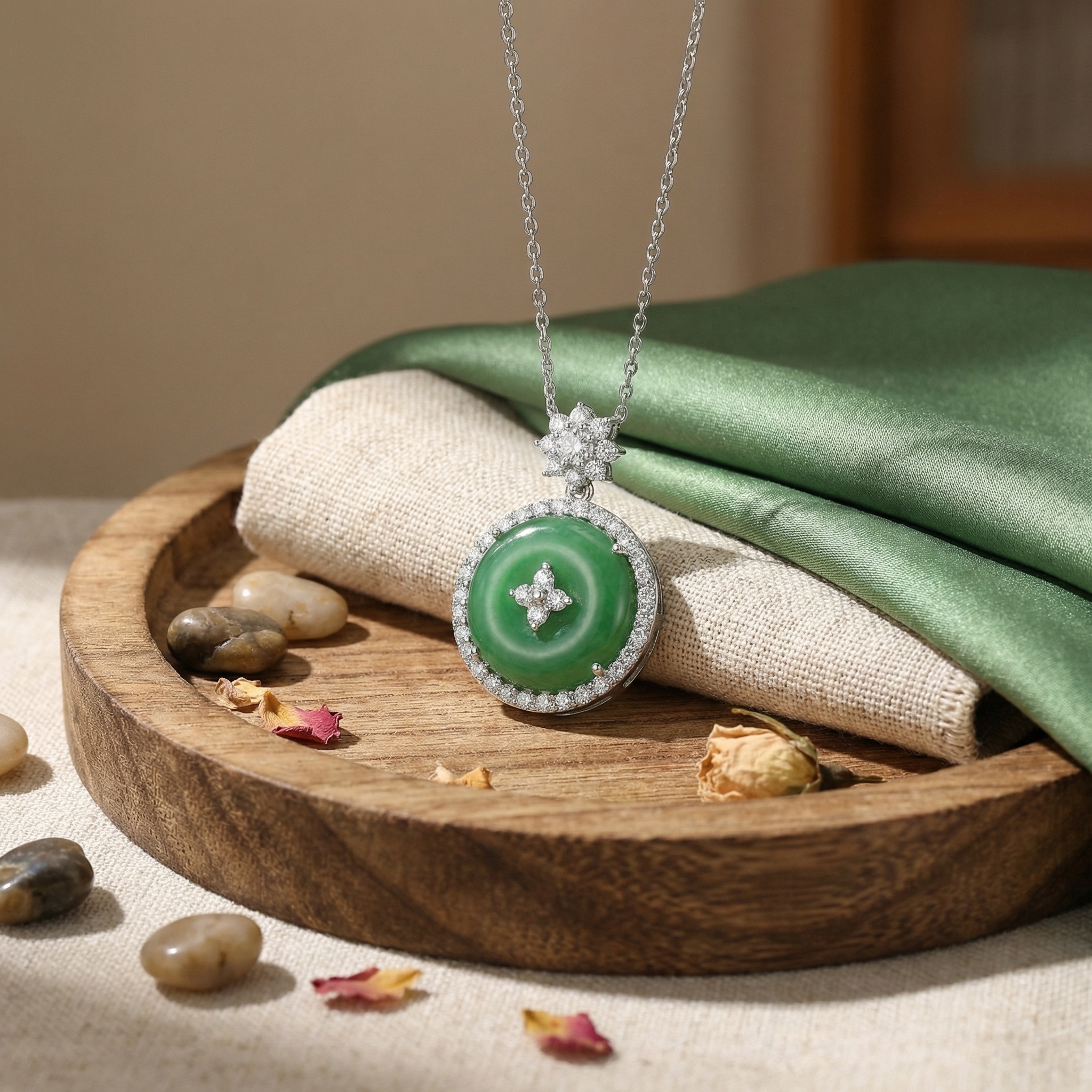 Sterling Silver Jade Diamond Pendant Necklace, picture 3 of 4