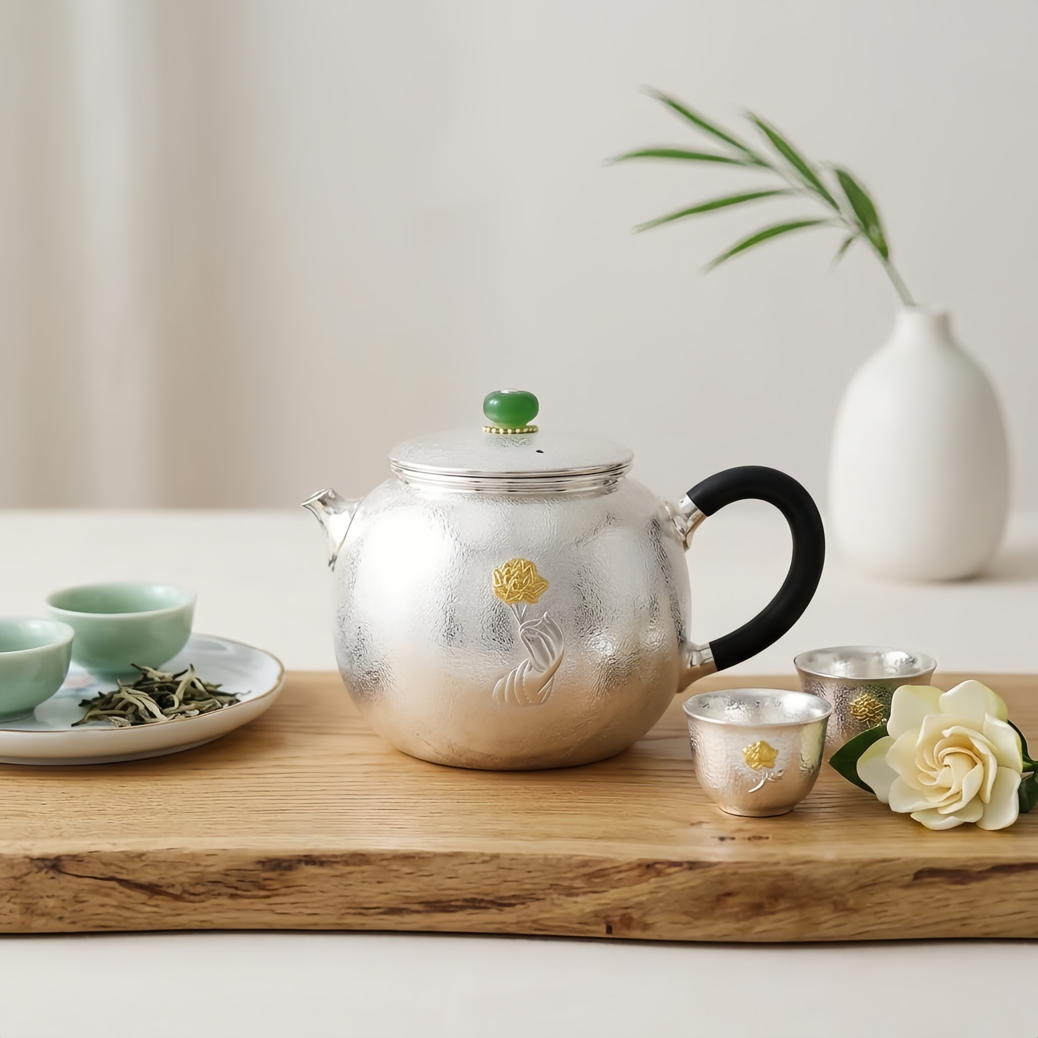 Pure 999 Fine Silver Elegant Handcrafted Hammered Silver Teapot Featuring Gilded Lotus and Verdant Gemstone Finial - Handicraft