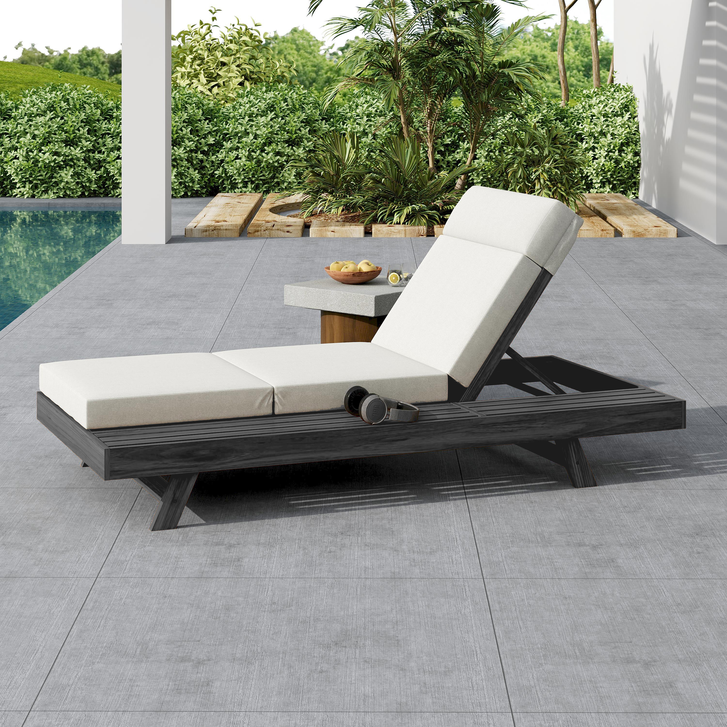 Lounge Chaise Set With Headrest, Space Available On One Side, Acacia Wood In Black With Water-Resistant Lounge Cushions  Cream & 3-Fold & 4 Inch- Matching Dark Grey Beige Version Available