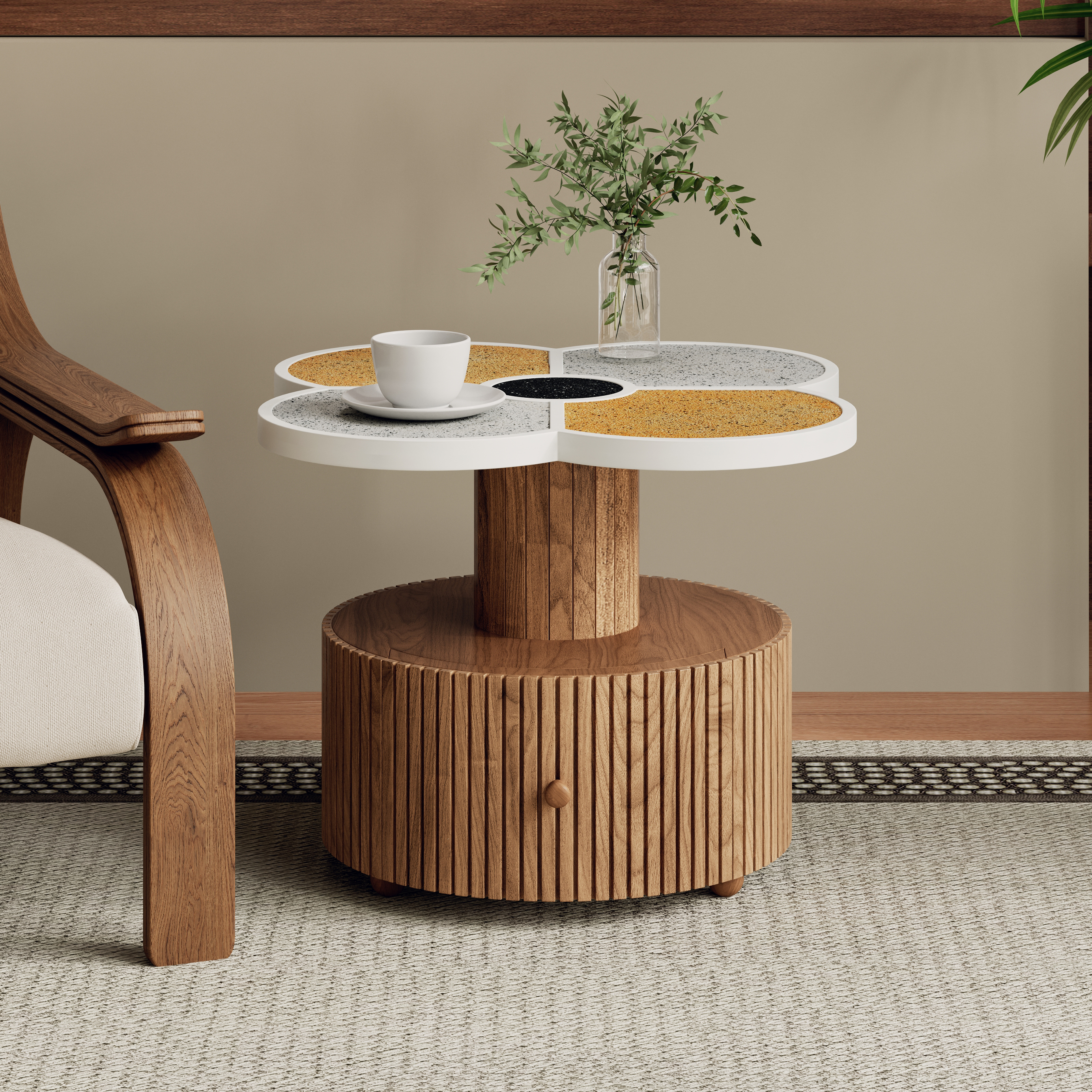 Unique Four-Leaf Clover Side Table For Living Room, Bedroom & Small Spaces -Accent Table With Wood-Grain Base With Storage Function