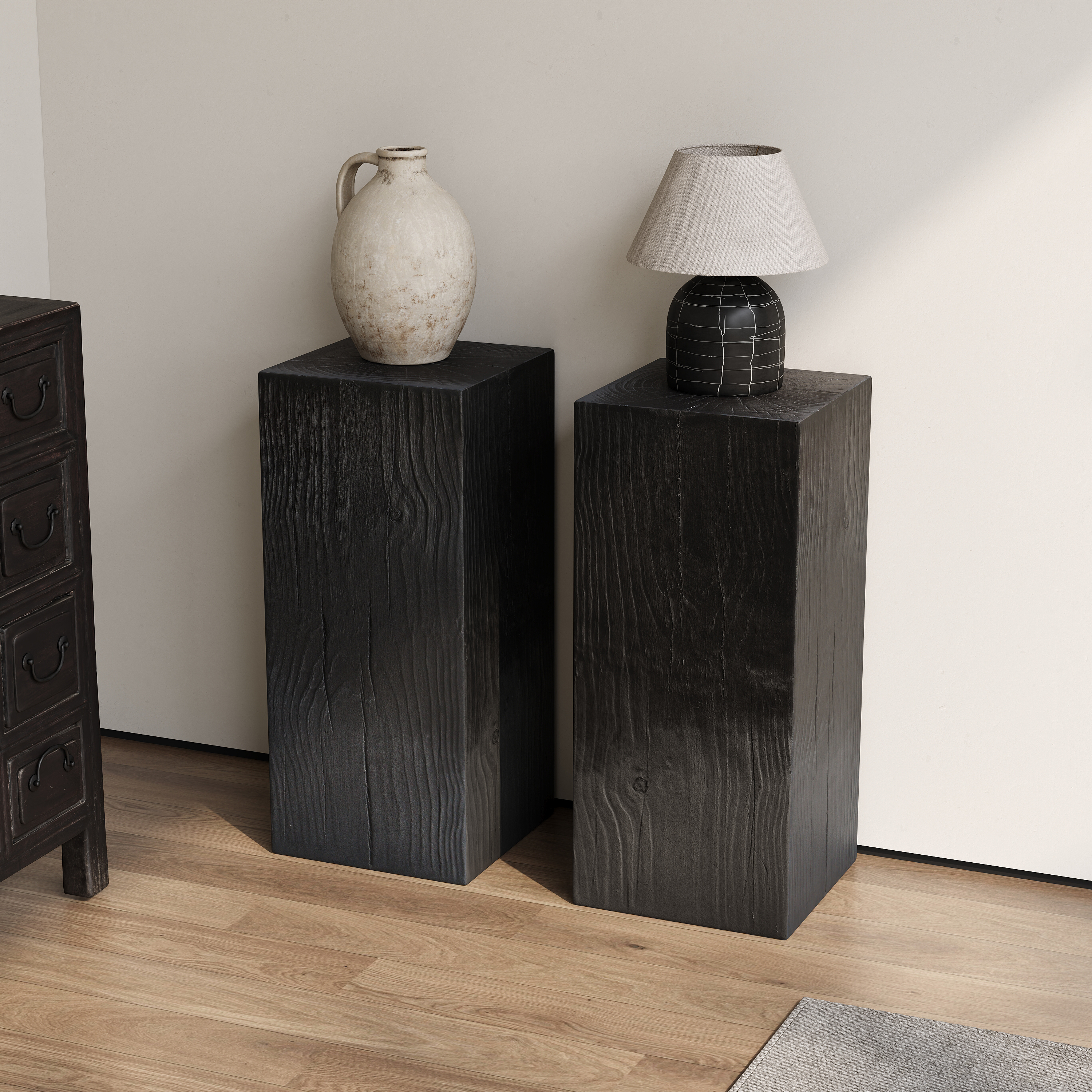 Wood-Look Square-Column MGO End Table,  H33.75 ,Wood-Like Distressed Finish, Mix With Different Heights, Indoor Outdoor Use,Black Color