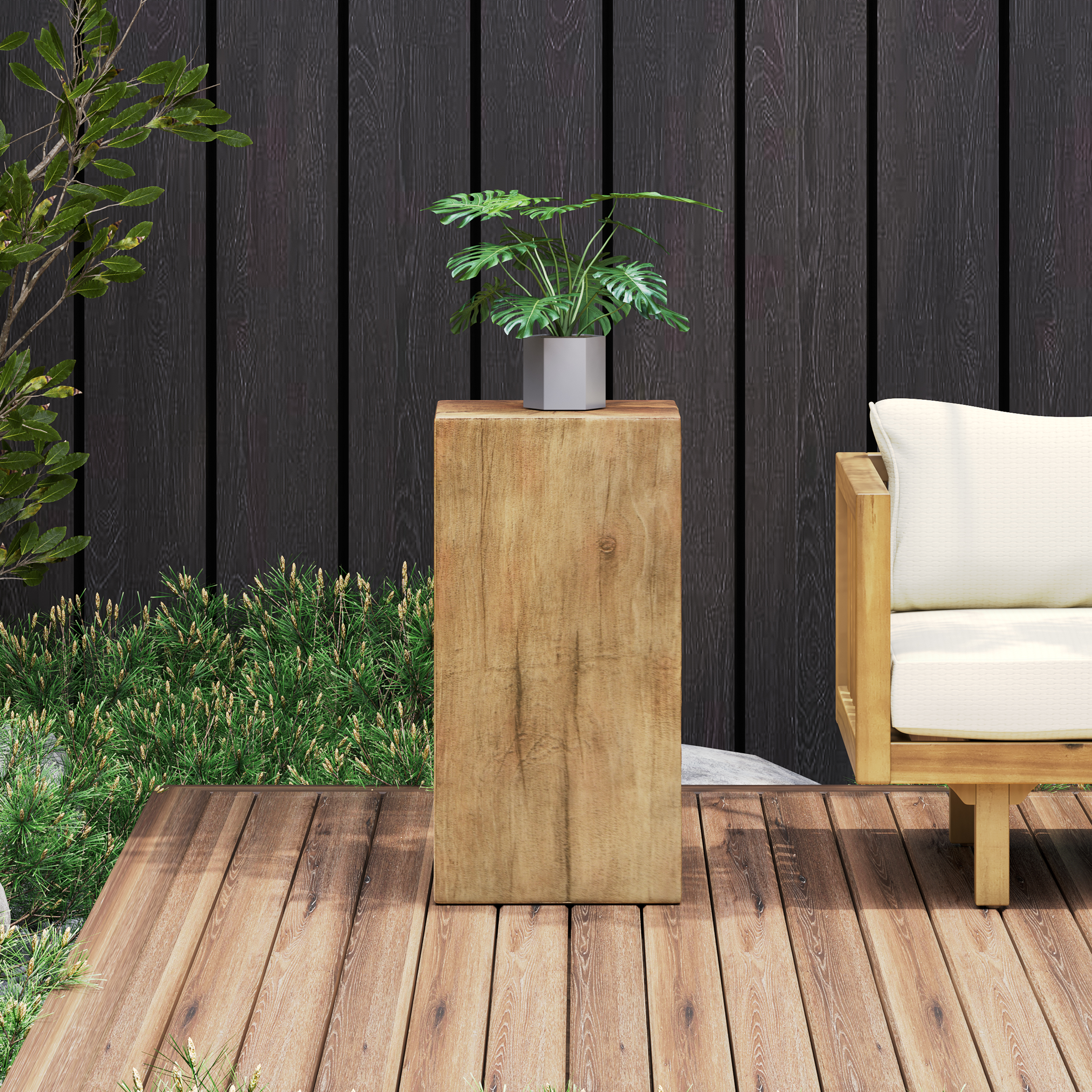 Wood-Look Square-Column MGO End Table,  H27.75 ,Wood-Like Distressed Finish, Mix With Different Heights, Indoor Outdoor Use,Natural Color