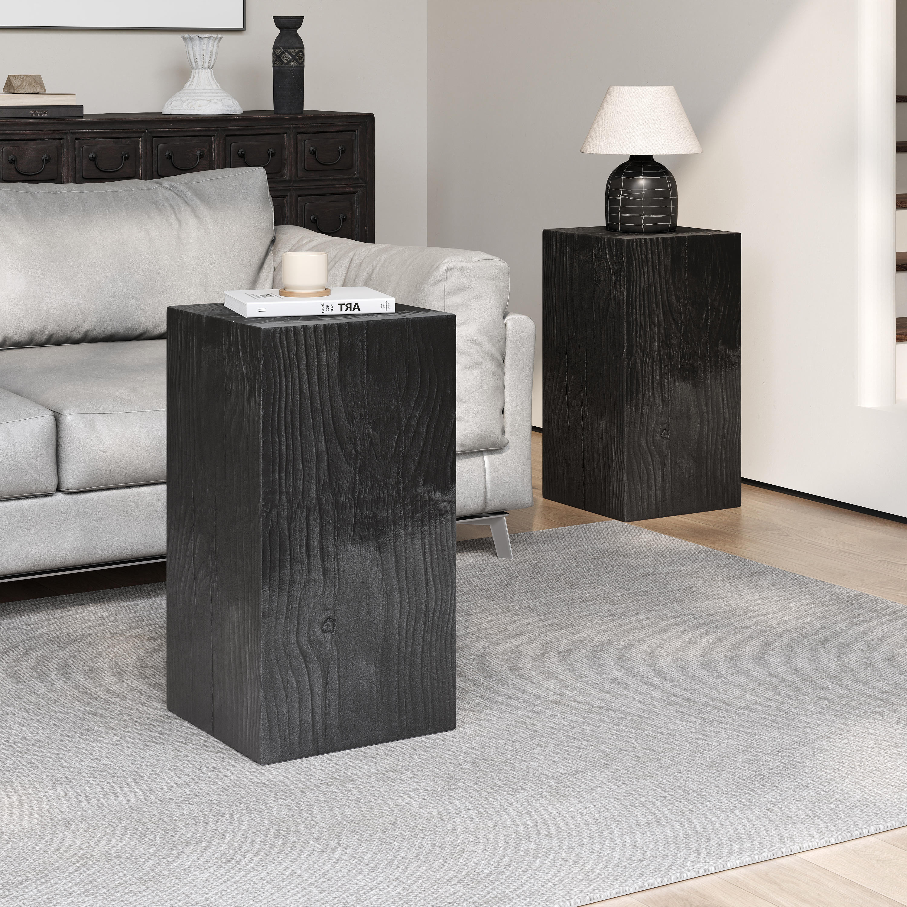 Wood-Look Square-Column MGO End Table,  H27.75 ,Wood-Like Distressed Finish, Mix With Different Heights, Indoor Outdoor Use,Black Color