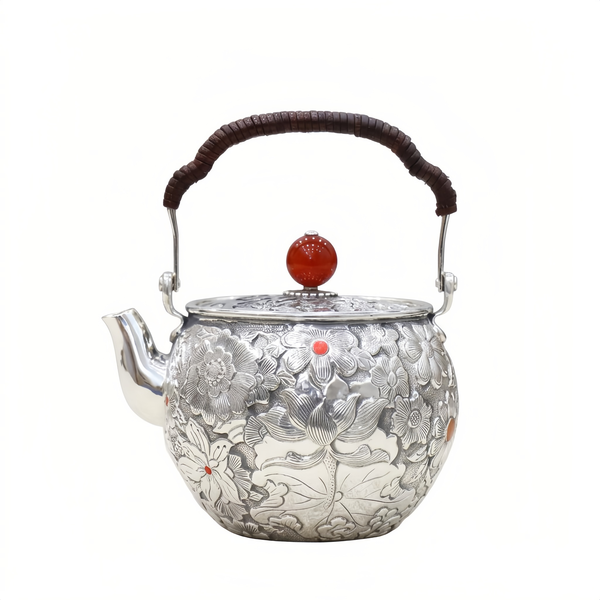 Pure 999 Fine Silver Intricate Floral Embossed Silver Teapot with Carnelian Finial and Woven Handle - Handicraft