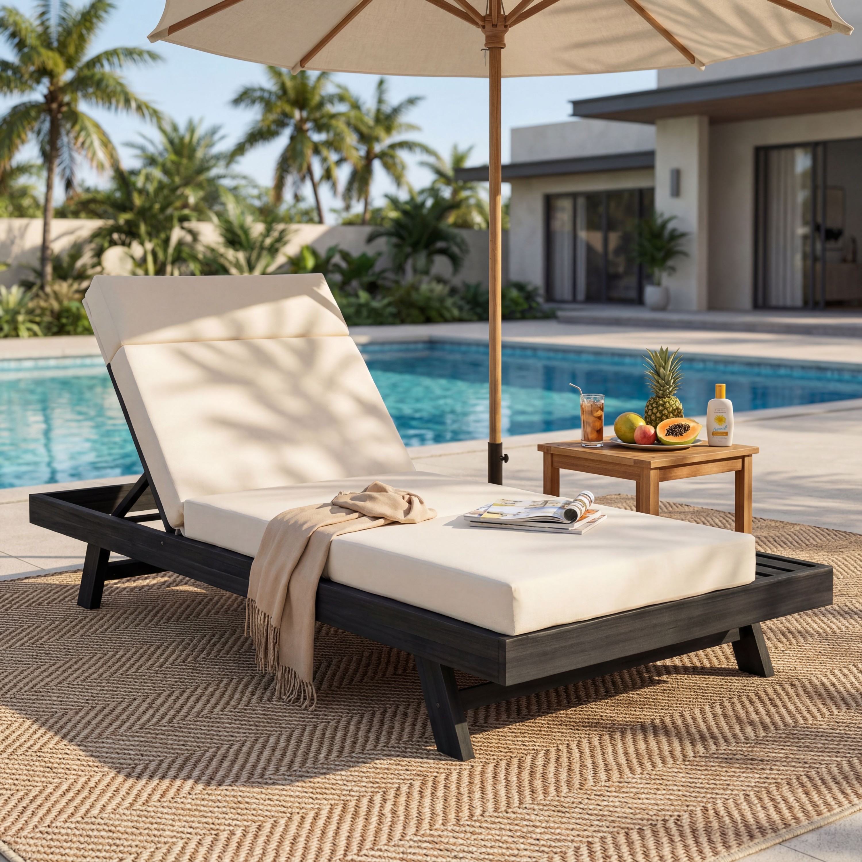 Lounge Chaise Set With Headrest, Space Available On One Side, Acacia Wood In Black With Water-Resistant Lounge Cushions  Cream & 3-Fold & 4 Inch- Matching Dark Grey Beige Version Available