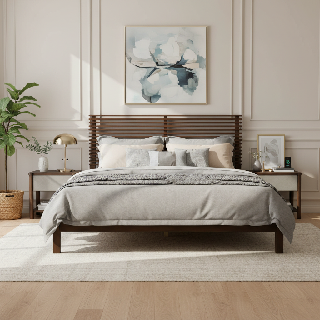 Premium Solid Wood Queen Size Platform Bed Frame With Horizontal Slat Headboard, Modern Walnut Wood Bedroom Furniture, 600 Lbs Weight Capacity,No Box Spring Needed, Fits All Mattresses