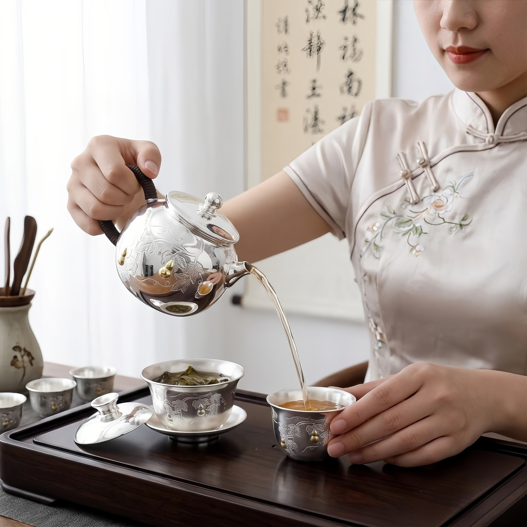 Pure 999 Fine Silver Handcrafted Silver Teapot with Gourd Accents and Woven Handle - Handicraft