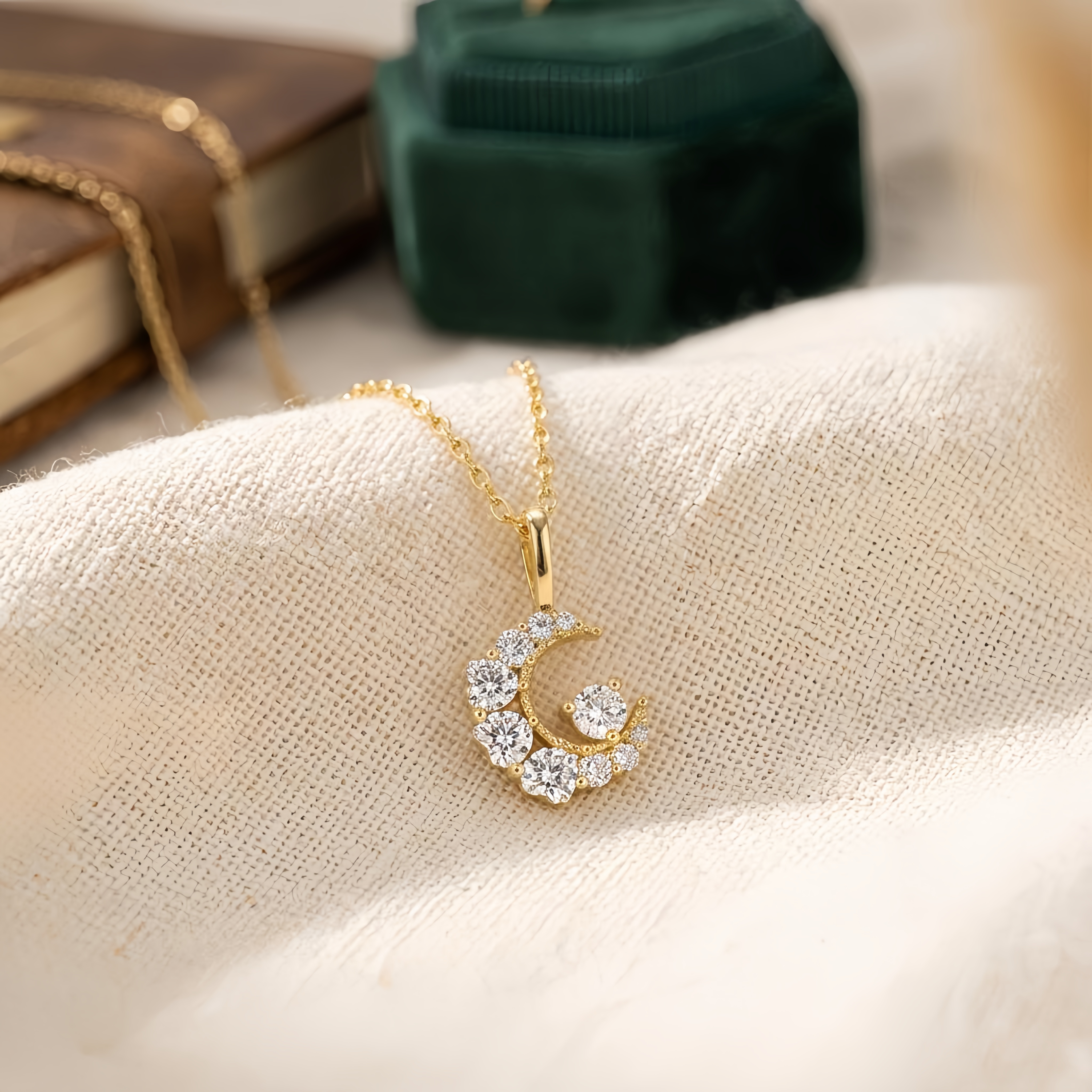 925 Sterling Silver Elegant Gold CZ Crescent Moon Pendant Necklace