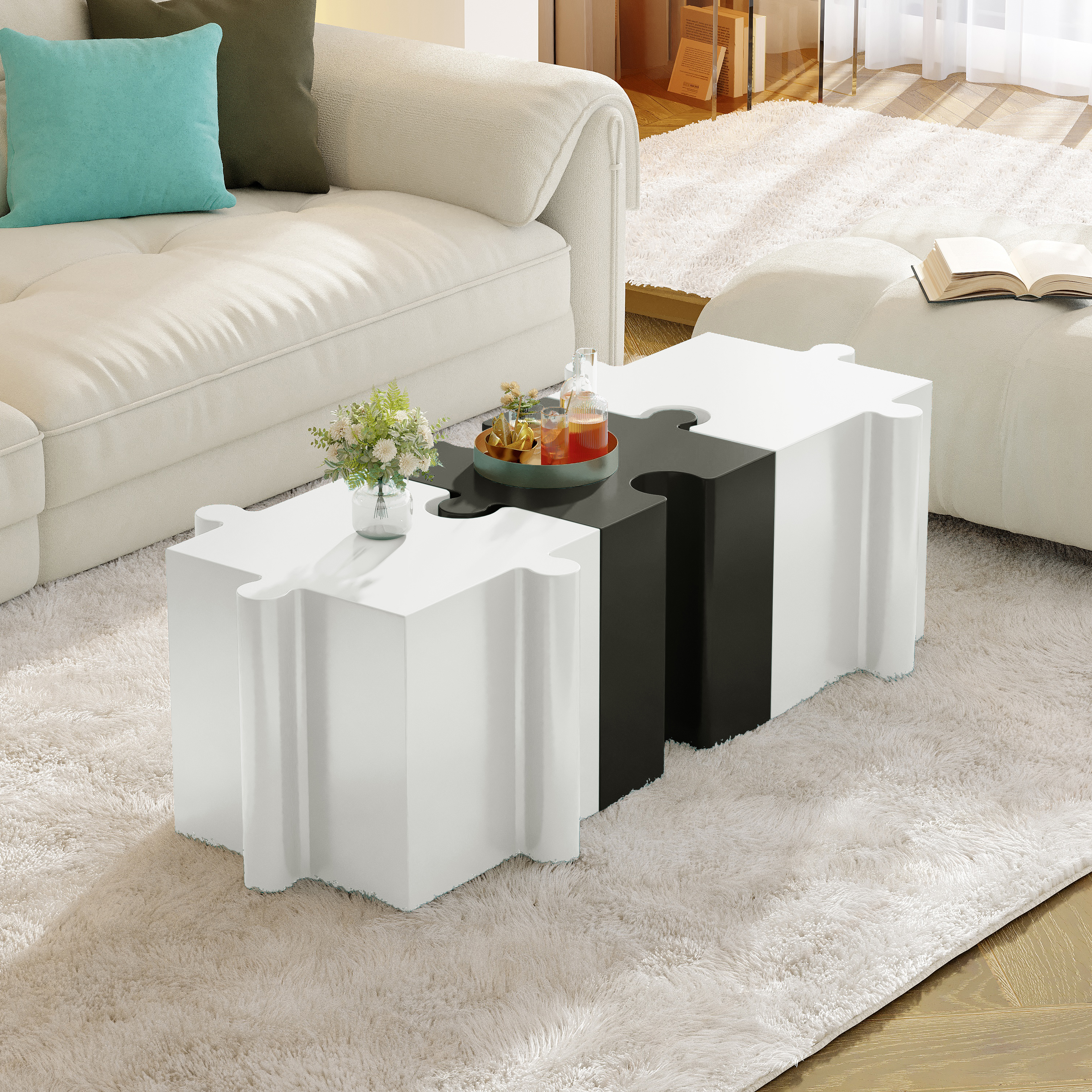 3-Piece Artistic Puzzle Table Set,Modular MGO Side Tables With Interlocking Design 2 Convex & 1 Concave , 200lb Capacity For Indoor & Outdoor,White & Black Color_voghion.com