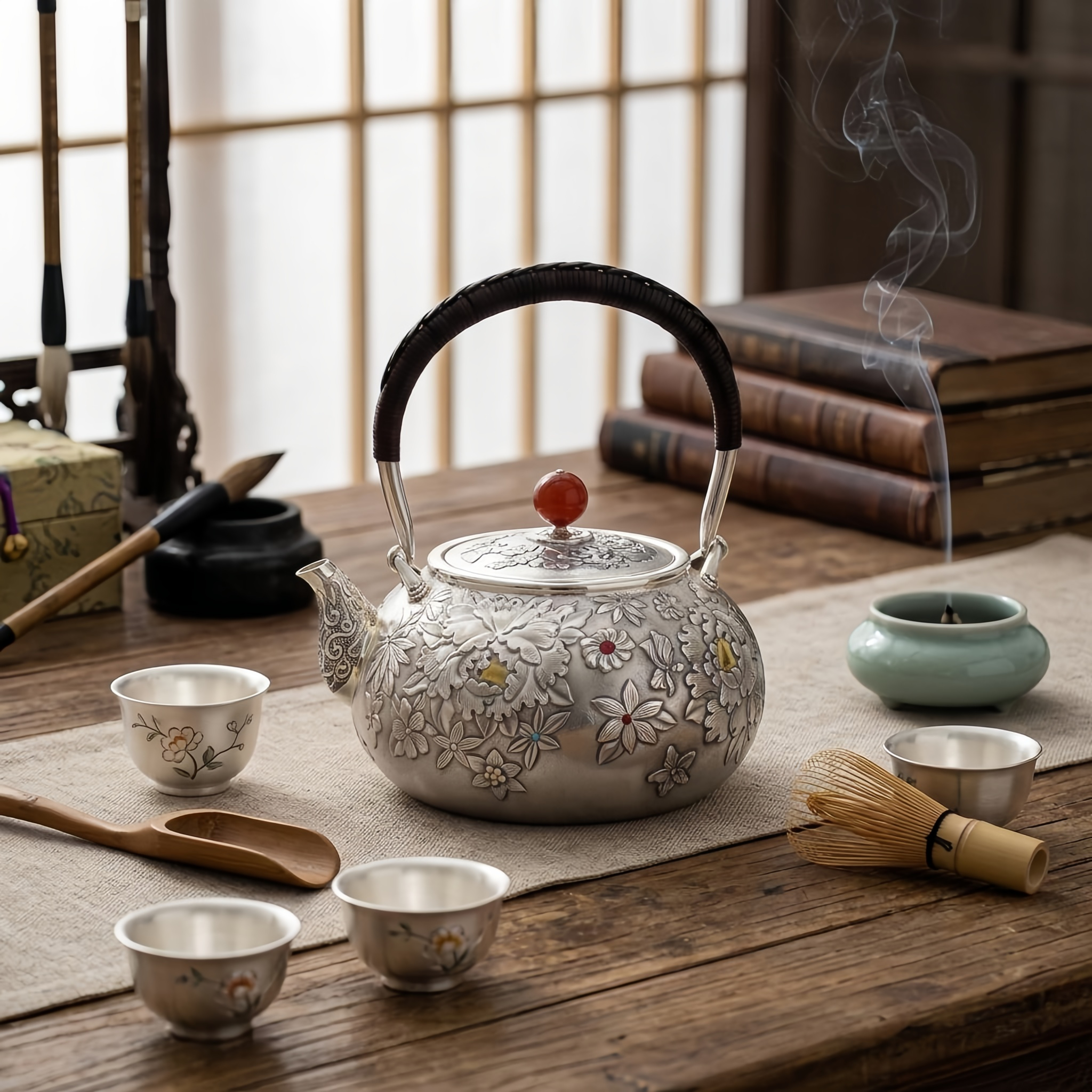 Pure 999 Fine Silver Handcrafted Silver Teapot with Intricate Floral Engravings and Red Stone Finial - Handicraft