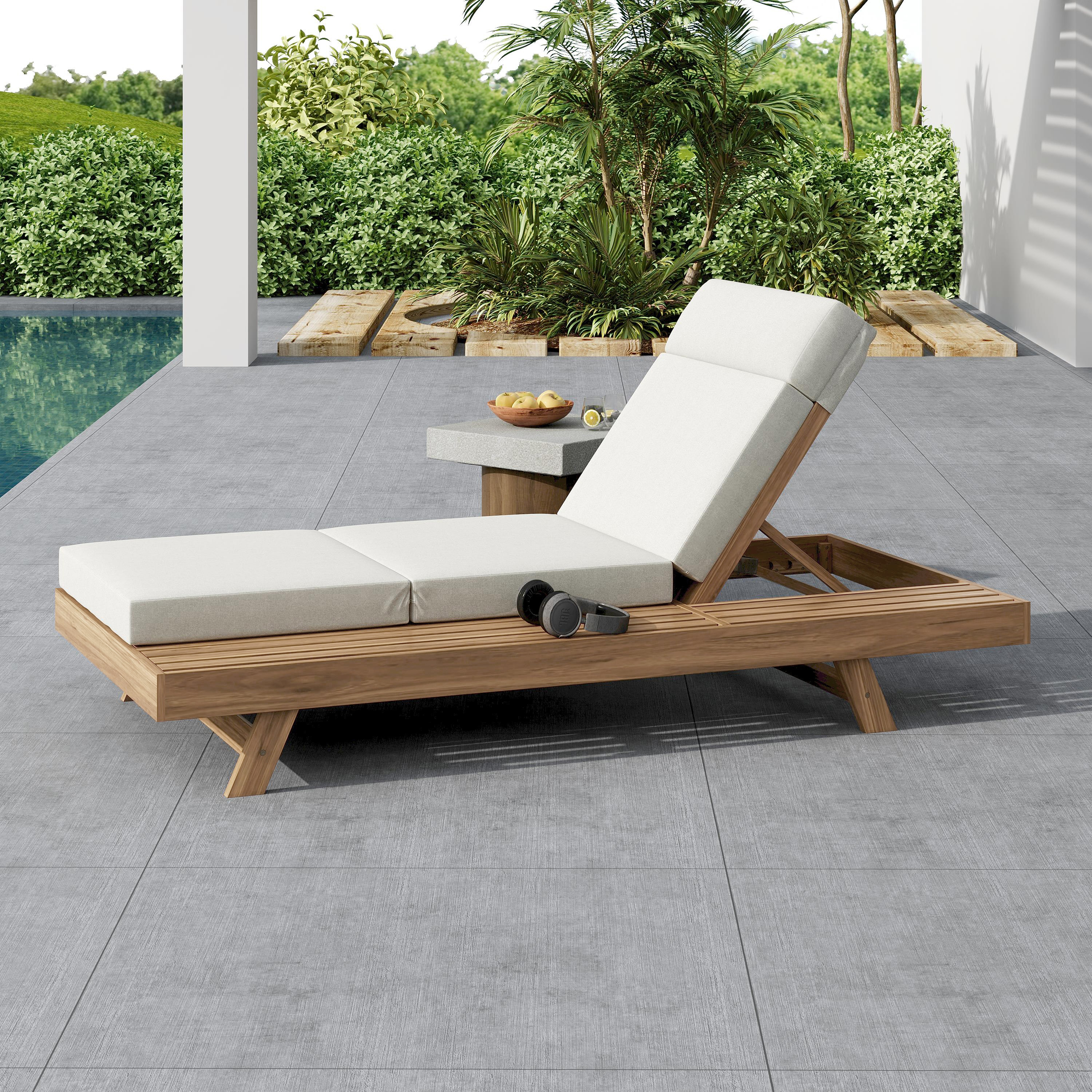 Lounge Chaise Set With Headrest, Space Available On One Side, Acacia Wood In Light Brown With Water-Resistant Lounge Cushions  Cream & 3-Fold & 4 Inch  -Matching Dark Grey Beige Version Available