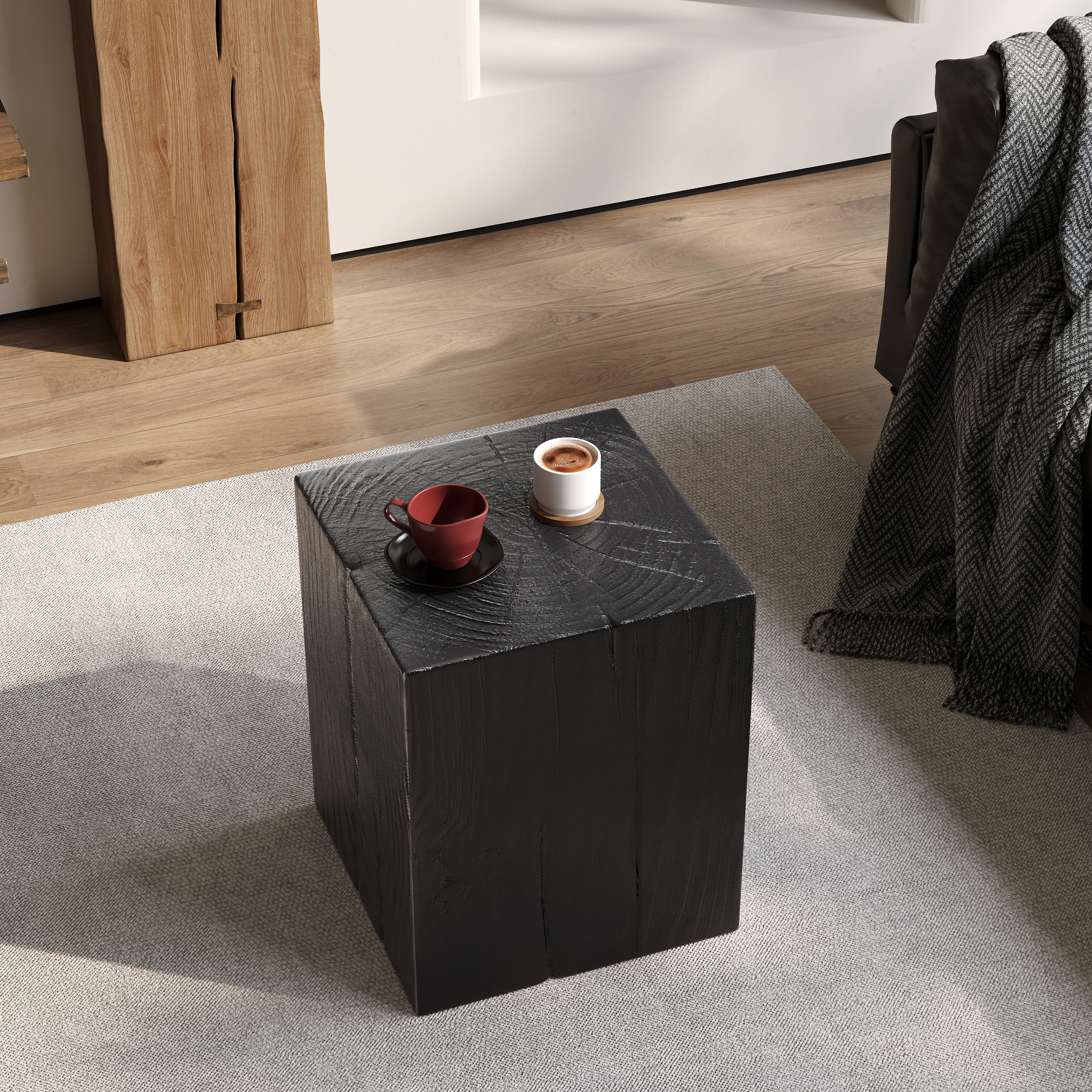 Wood-Look Square-Column MGO End Table, H18 ,Wood-Like Distressed Finish, Mix With Different Heights, Indoor Outdoor Use,Black Color